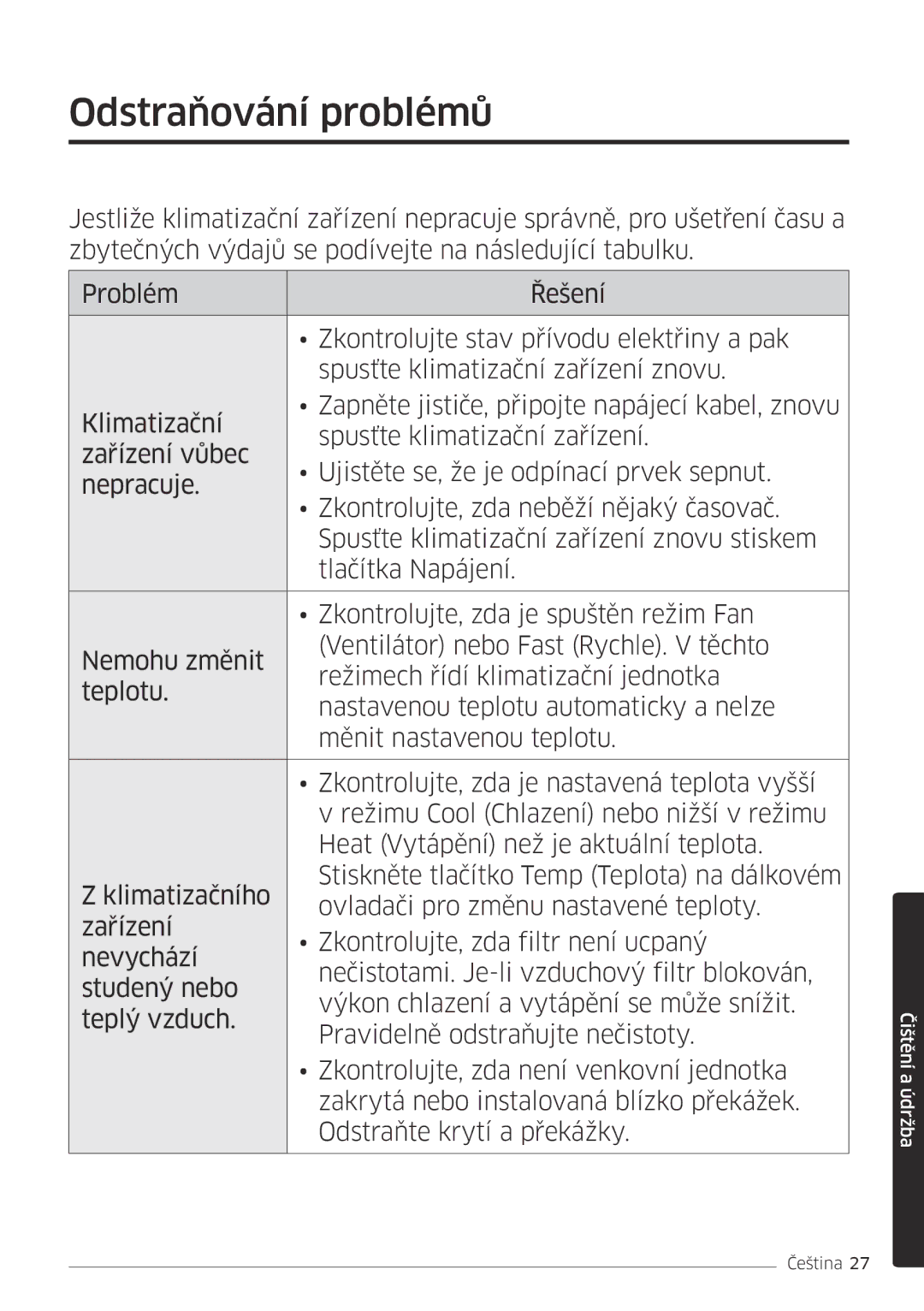 Samsung AR12MSFPEWQNEU, AR09MSFPEWQNEU, AR18MSFPEWQNEU, AR07MSFPEWQNEU, AR24MSFPEWQNEU manual Odstraňování problémů 