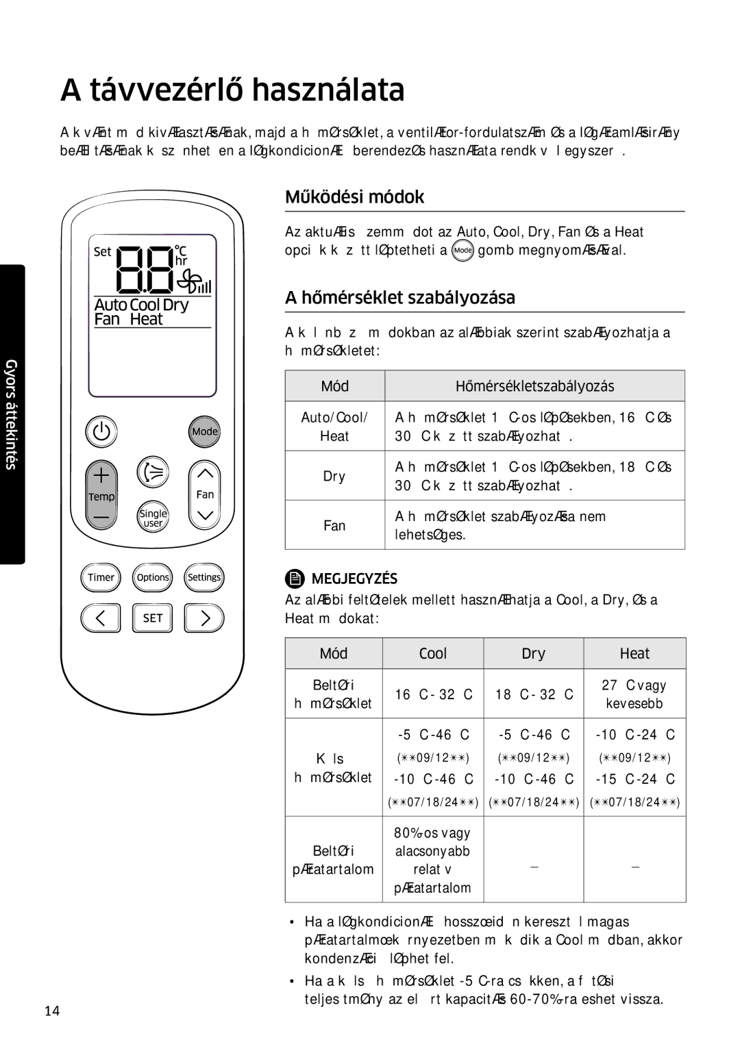 Samsung AR09MSFPEWQNEU, AR18MSFPEWQNEU, AR07MSFPEWQNEU manual Távvezérlő használata, Működési módok, Hőmérséklet szabályozása 