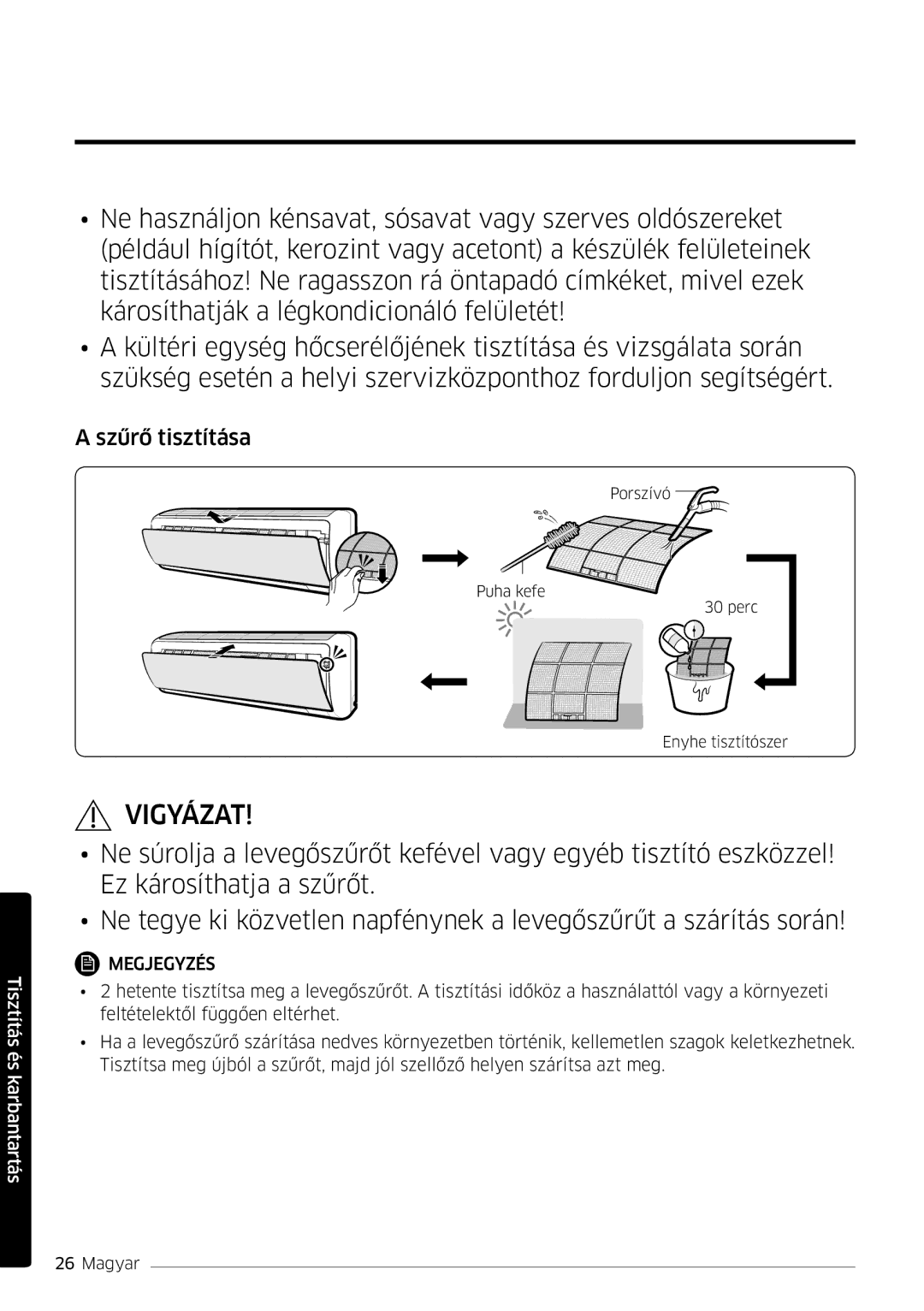 Samsung AR07MSFPEWQNEU, AR09MSFPEWQNEU, AR18MSFPEWQNEU, AR12MSFPEWQNEU, AR24MSFPEWQNEU manual Szűrő tisztítása 