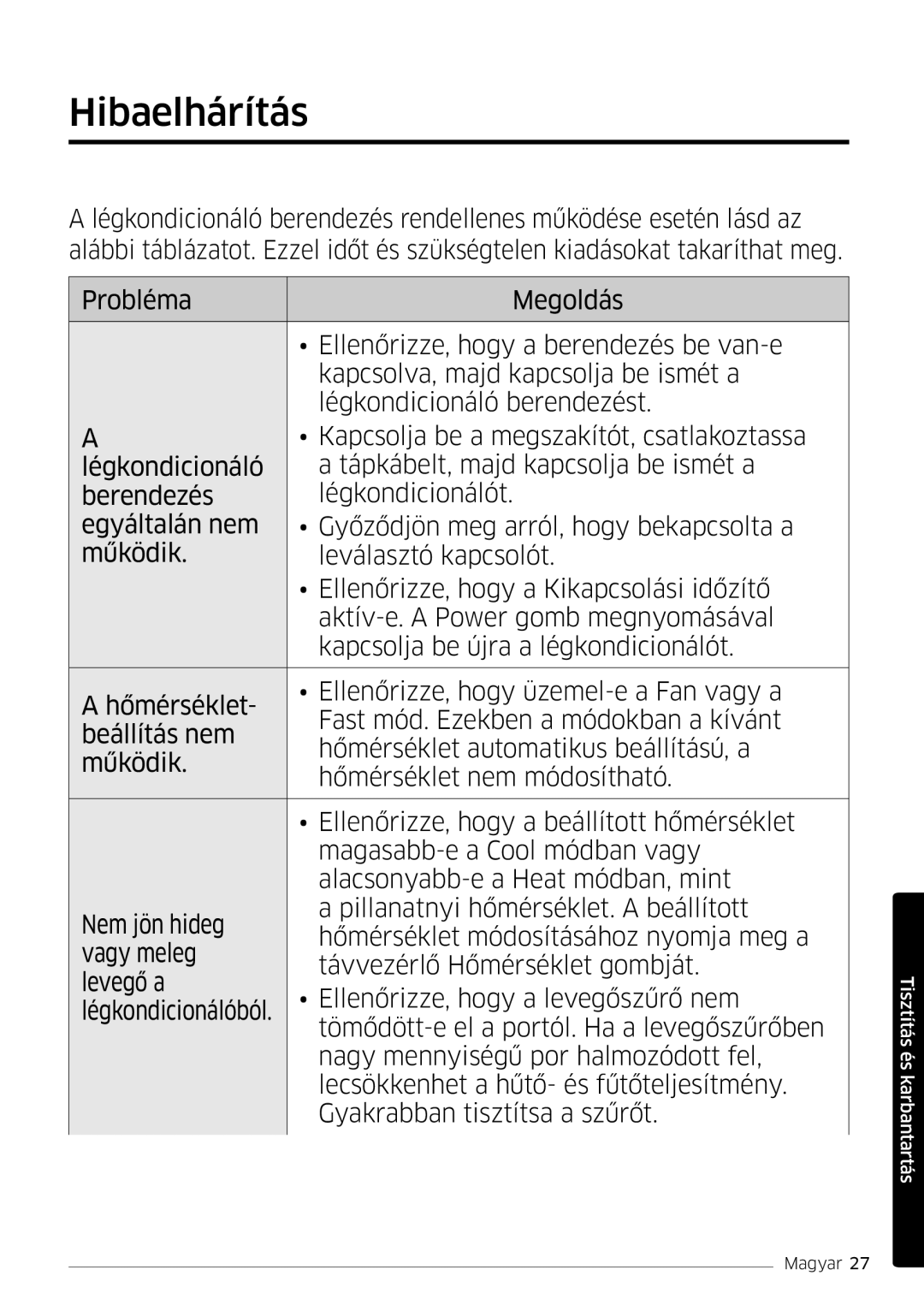 Samsung AR12MSFPEWQNEU, AR09MSFPEWQNEU, AR18MSFPEWQNEU, AR07MSFPEWQNEU, AR24MSFPEWQNEU manual Hibaelhárítás 