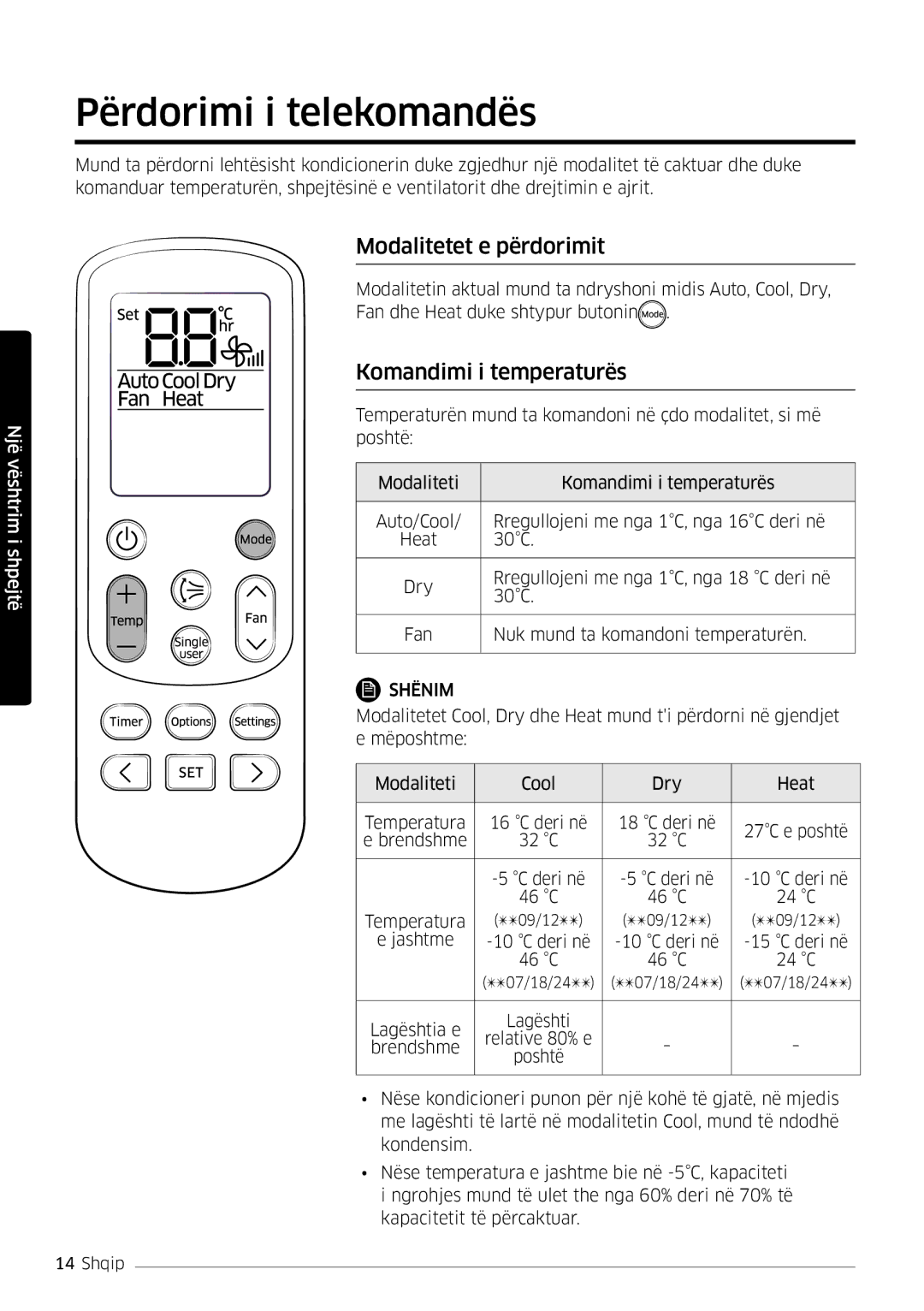 Samsung AR24MSFPEWQNEU, AR09MSFPEWQNEU manual Përdorimi i telekomandës, Modalitetet e përdorimit, Komandimi i temperaturës 