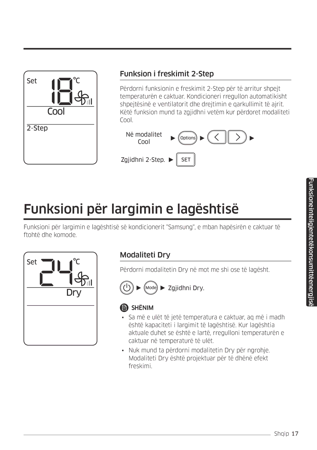 Samsung AR12MSFPEWQNEU, AR09MSFPEWQNEU Funksioni për largimin e lagështisë, Funksion i freskimit 2-Step, Modaliteti Dry 