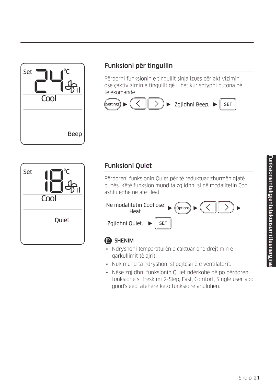 Samsung AR12MSFPEWQNEU, AR09MSFPEWQNEU, AR18MSFPEWQNEU, AR24MSFPEWQNEU manual Funksioni për tingullin, Funksioni Quiet 