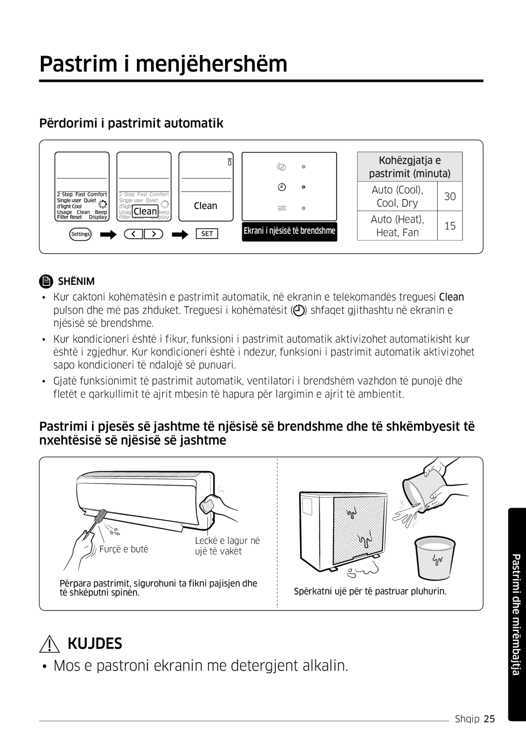 Samsung AR12MSFPEWQNEU, AR09MSFPEWQNEU, AR18MSFPEWQNEU manual Pastrim i menjëhershëm, Përdorimi i pastrimit automatik 