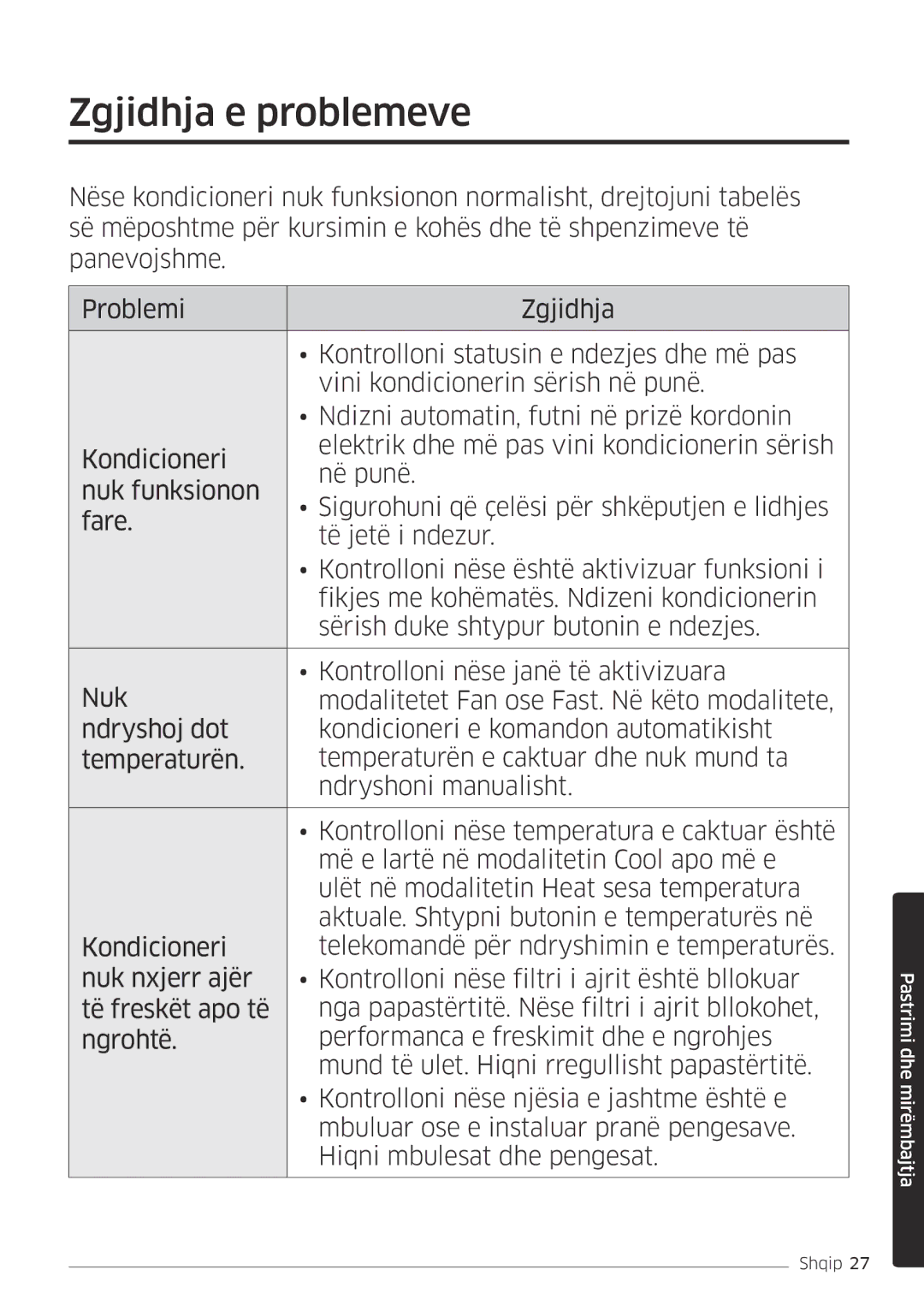 Samsung AR09MSFPEWQNEU, AR18MSFPEWQNEU, AR12MSFPEWQNEU, AR24MSFPEWQNEU manual Zgjidhja e problemeve 