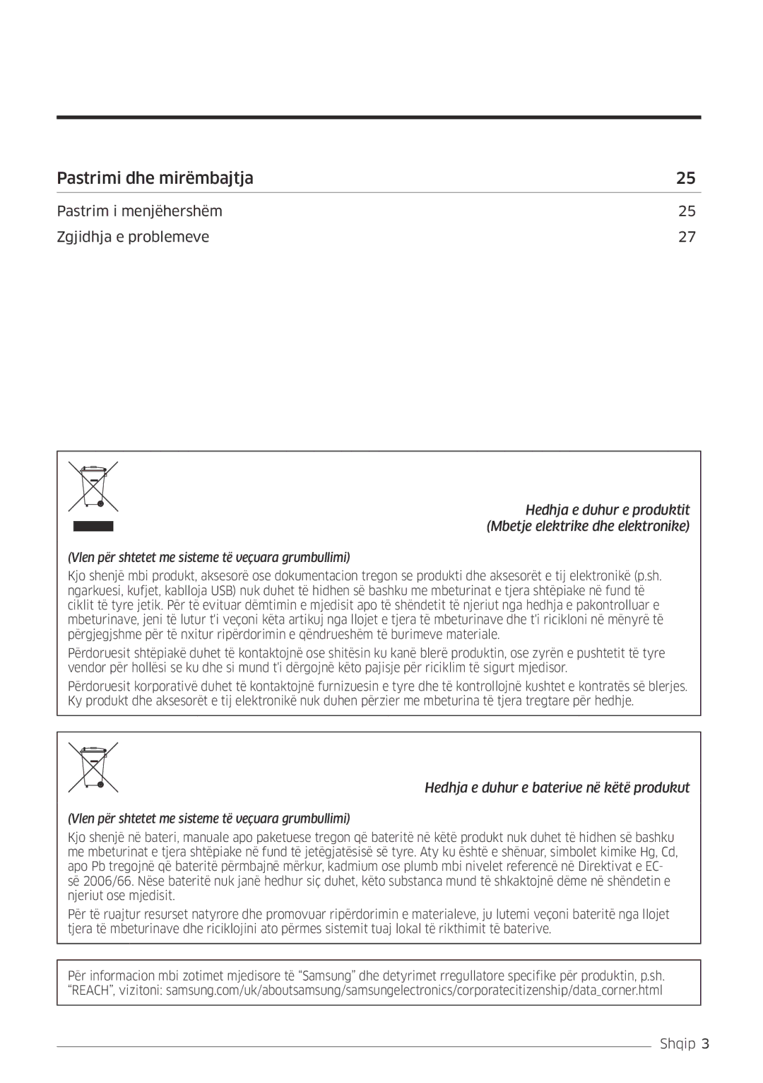 Samsung AR09MSFPEWQNEU, AR18MSFPEWQNEU, AR12MSFPEWQNEU, AR24MSFPEWQNEU manual Pastrimi dhe mirëmbajtja 