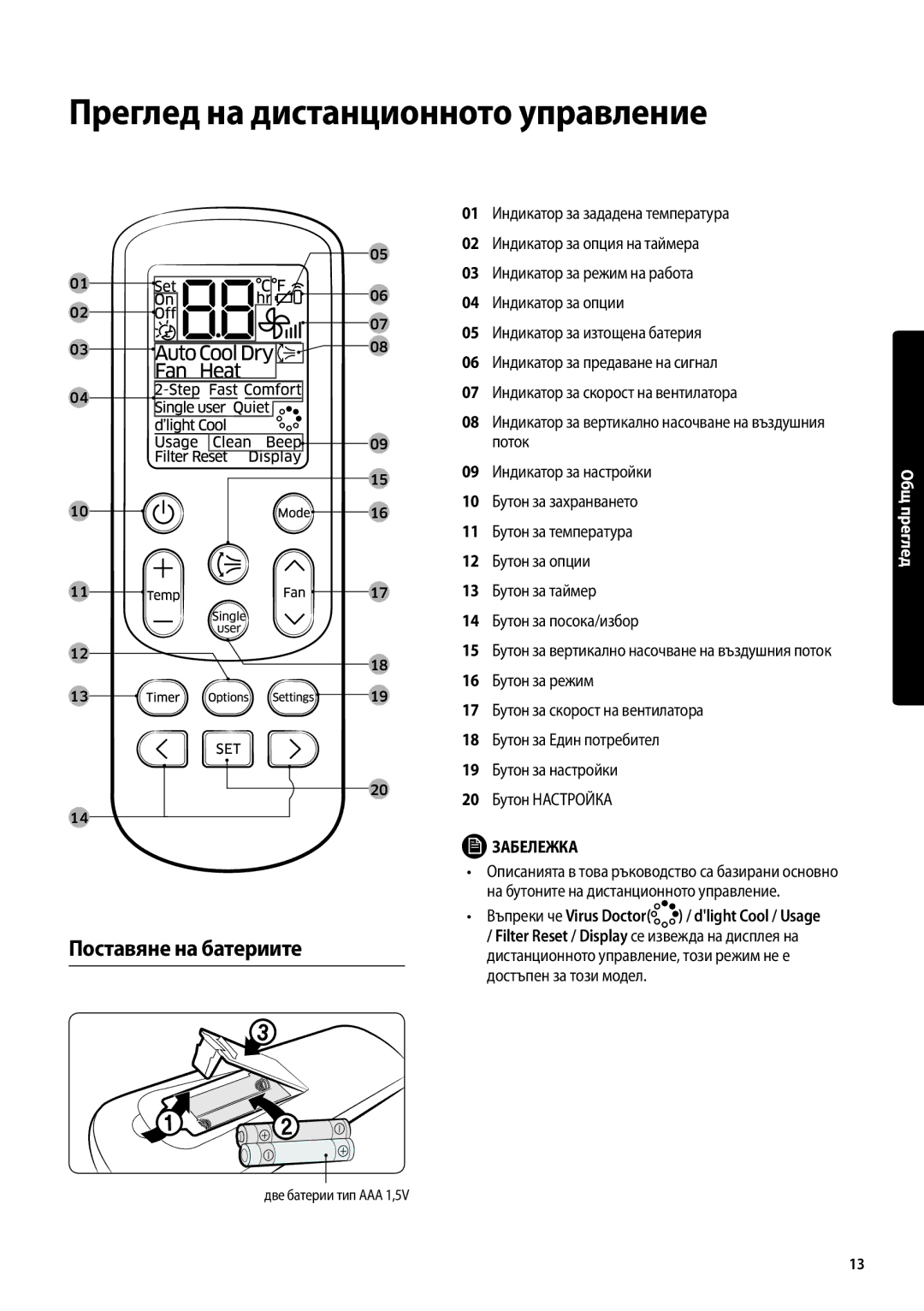 Samsung AR12MSFPEWQNEU, AR09MSFPEWQNEU, AR18MSFPEWQNEU manual Преглед на дистанционното управление, Поставяне на батериите 