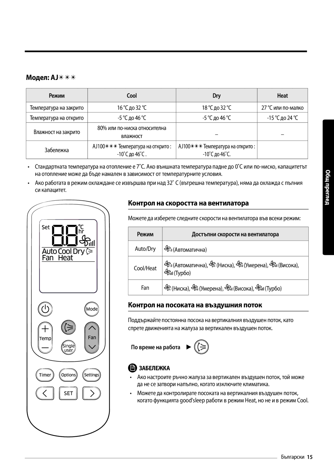 Samsung AR18MSFPEWQNEU manual Модел AJ, Контрол на скоростта на вентилатора, Контрол на посоката на въздушния поток 