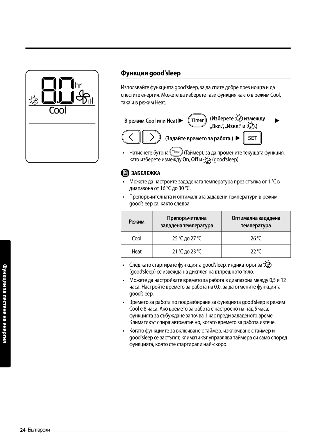 Samsung AR18MSFPEWQNEU, AR09MSFPEWQNEU, AR12MSFPEWQNEU manual Функция good’sleep, Режим Препоръчителна 