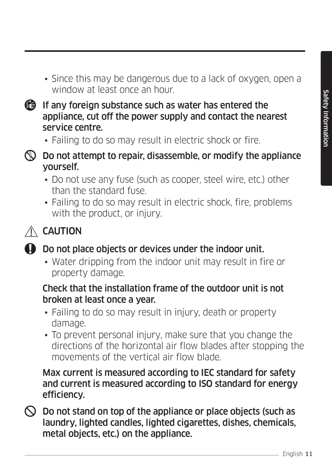 Samsung AR09MSFSPWKNEE, AR12MSFSPWKNEE manual Safety Information 