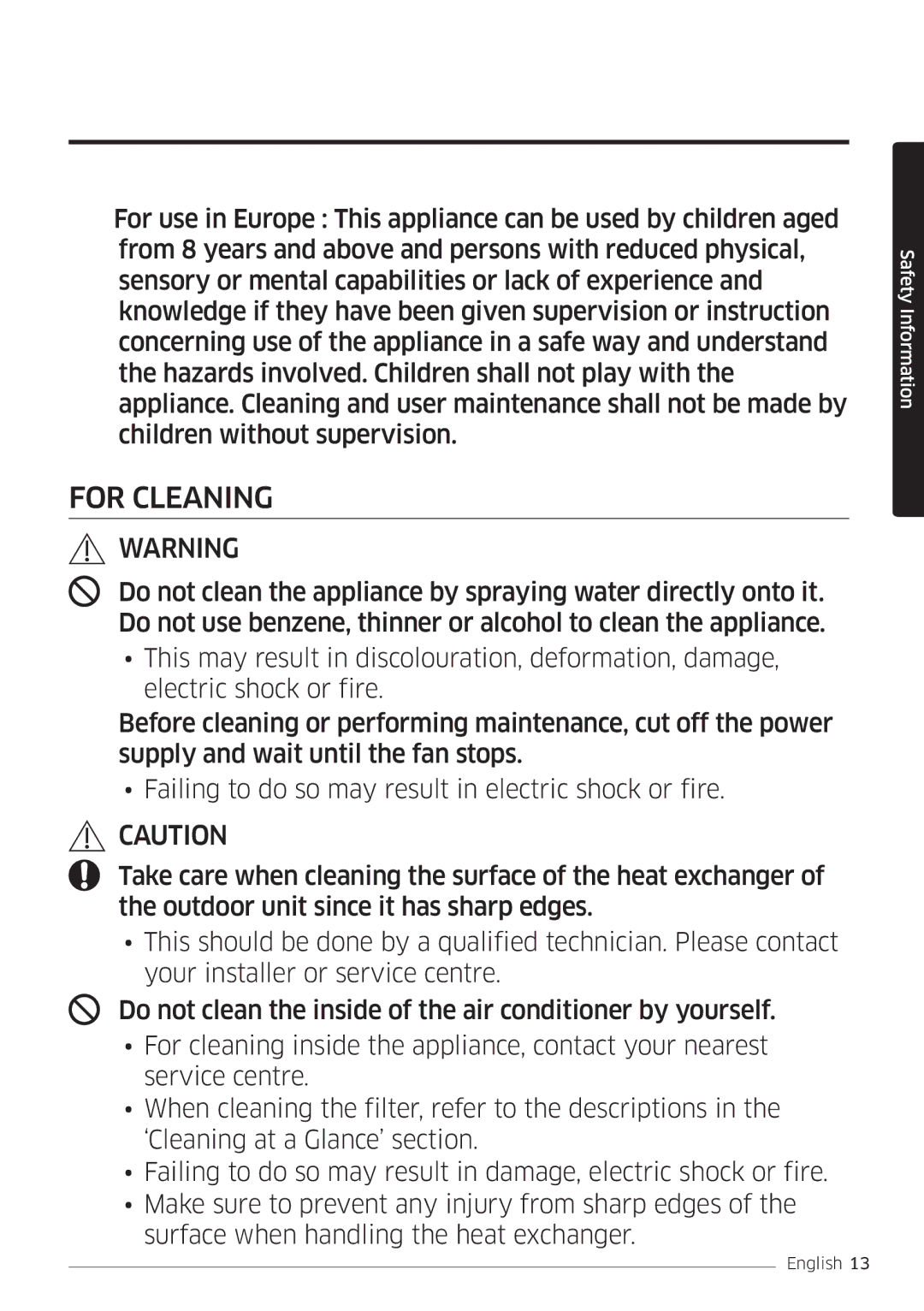 Samsung AR09MSFSPWKNEE, AR12MSFSPWKNEE manual For Cleaning 