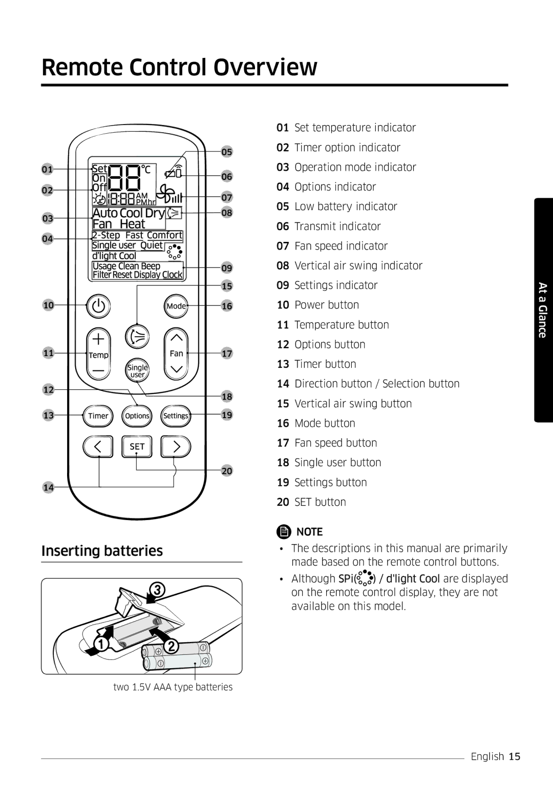 Samsung AR09MSFSPWKNEE, AR12MSFSPWKNEE manual Remote Control Overview, Inserting batteries 