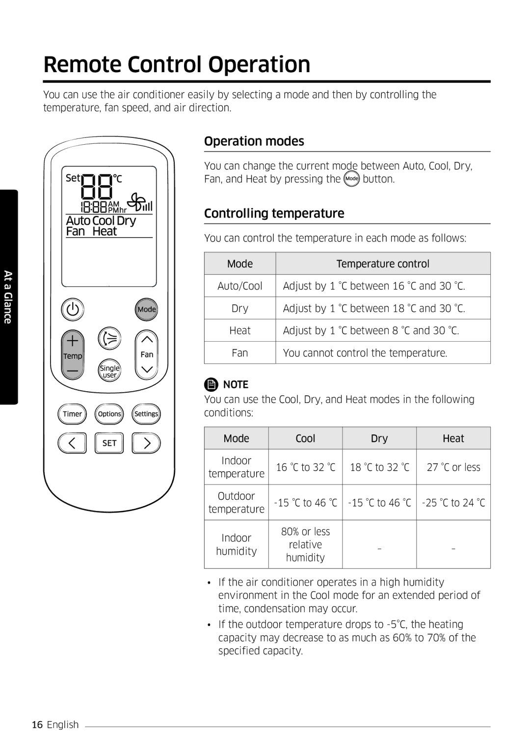 Samsung AR12MSFSPWKNEE, AR09MSFSPWKNEE manual Remote Control Operation, Operation modes, Controlling temperature 