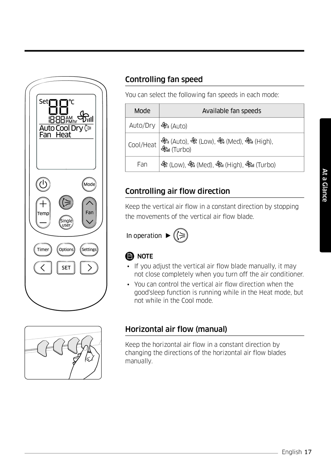 Samsung AR09MSFSPWKNEE, AR12MSFSPWKNEE Controlling fan speed, Controlling air flow direction, Horizontal air flow manual 