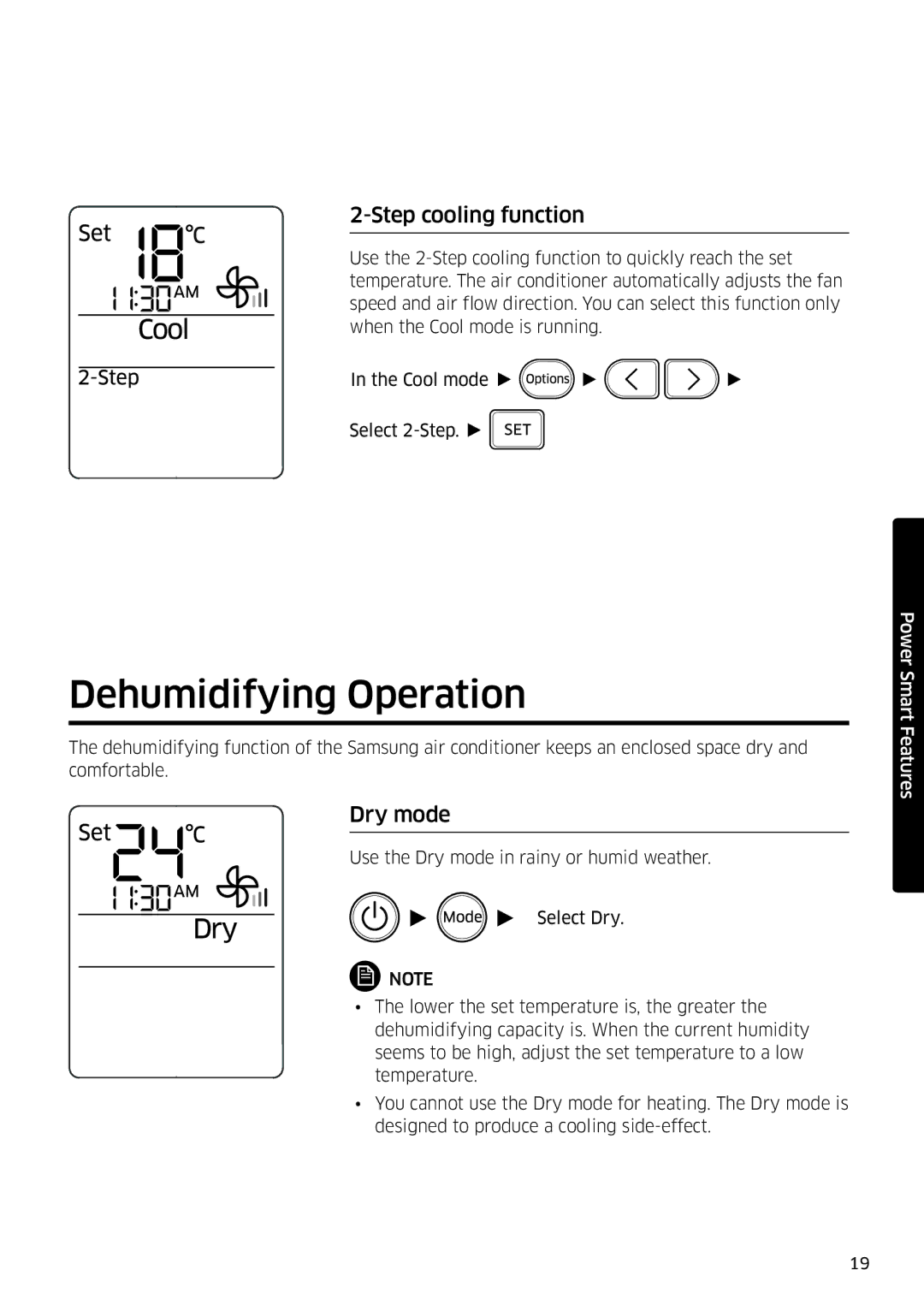 Samsung AR09MSFSPWKNEE, AR12MSFSPWKNEE manual Dehumidifying Operation, Step cooling function, Dry mode 