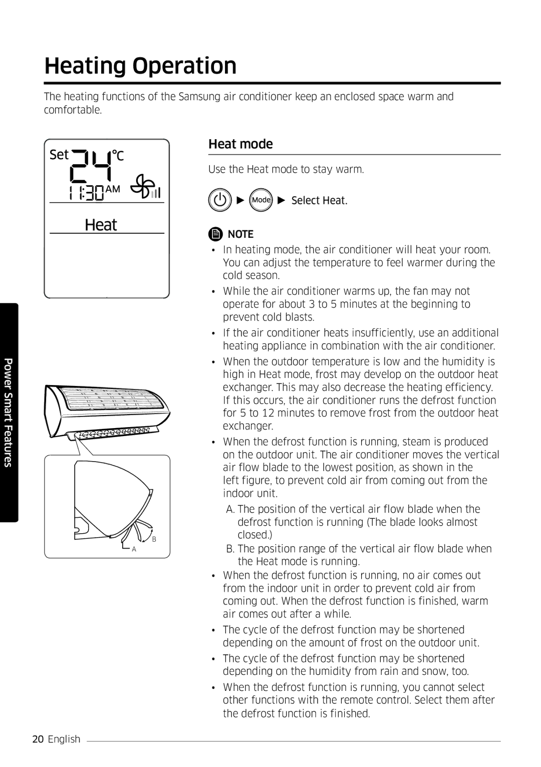 Samsung AR12MSFSPWKNEE, AR09MSFSPWKNEE manual Heating Operation, Heat mode 