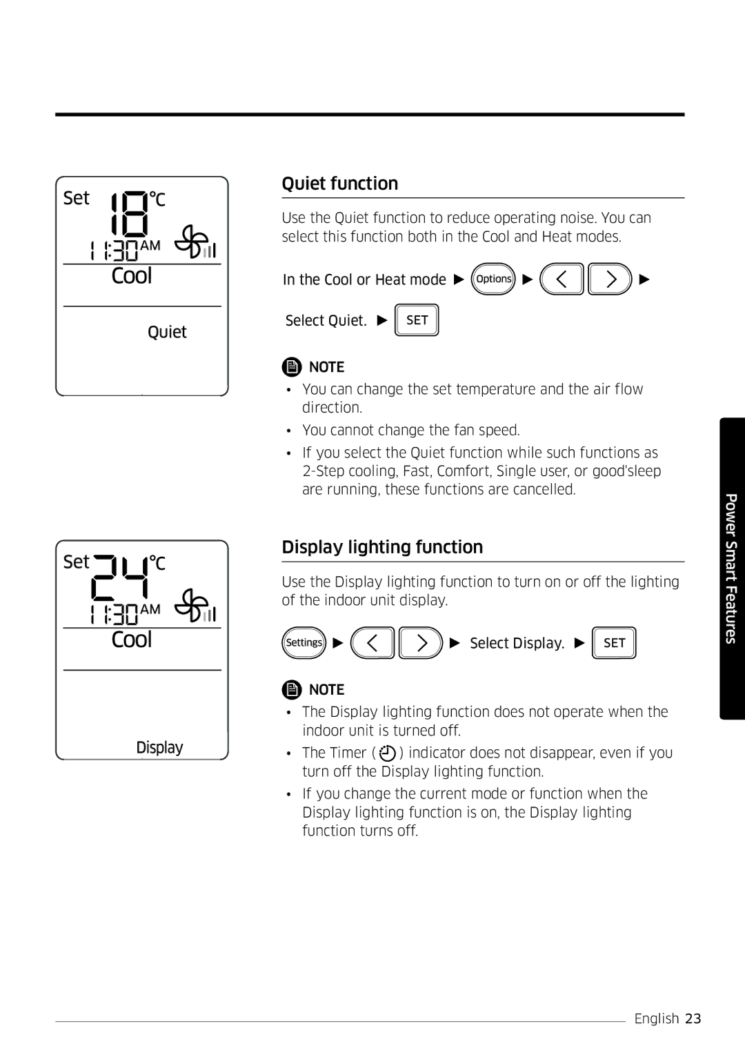 Samsung AR09MSFSPWKNEE, AR12MSFSPWKNEE manual Quiet function, Display lighting function 