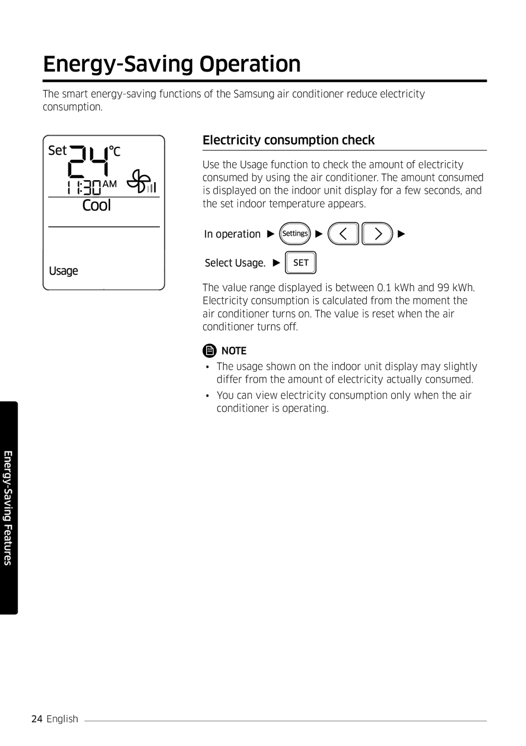 Samsung AR12MSFSPWKNEE, AR09MSFSPWKNEE manual Energy-Saving Operation, Electricity consumption check 