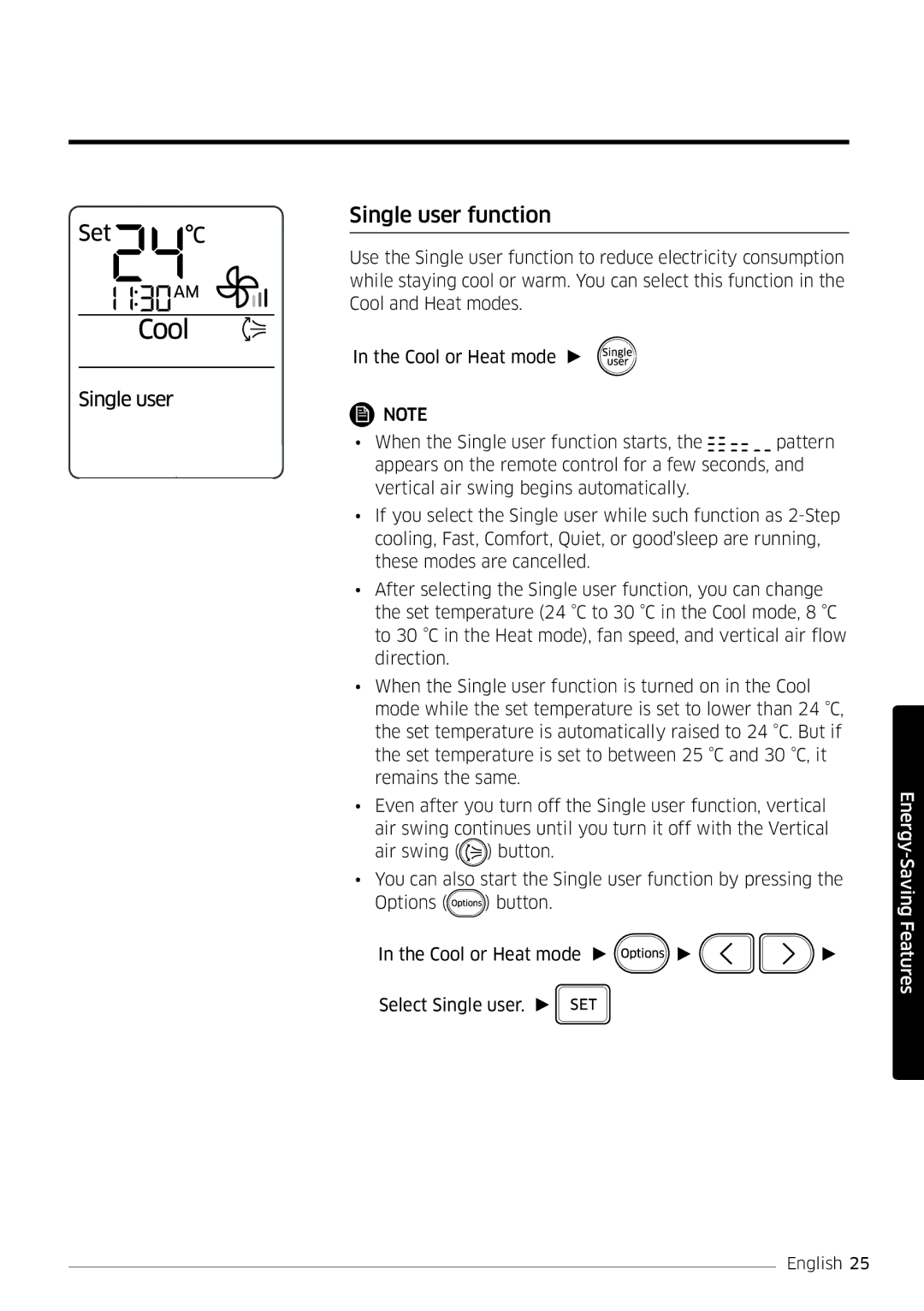 Samsung AR09MSFSPWKNEE, AR12MSFSPWKNEE manual Single user function 