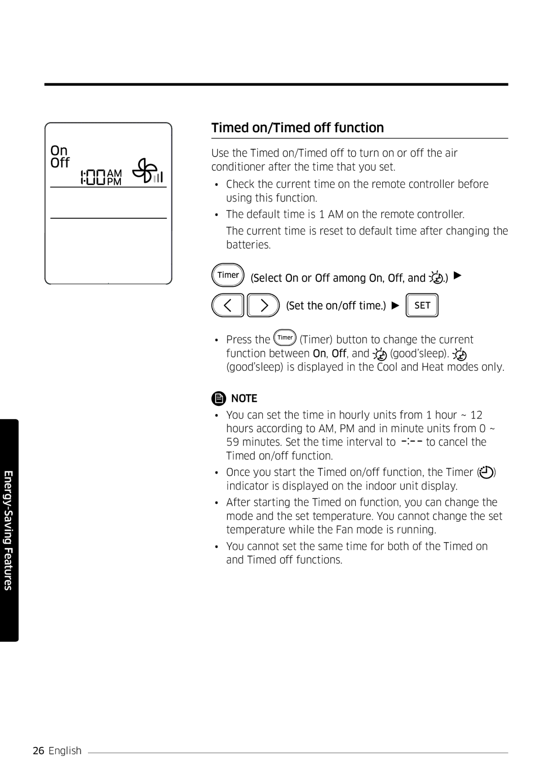 Samsung AR12MSFSPWKNEE, AR09MSFSPWKNEE manual Timed on/Timed off function 