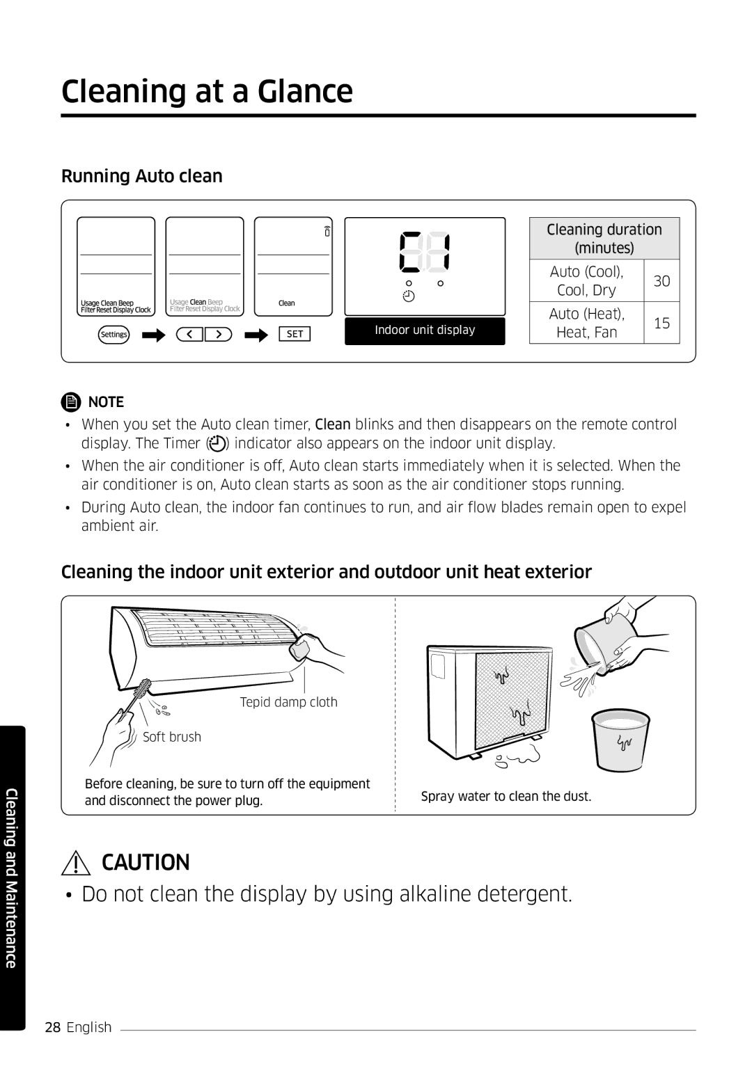 Samsung AR12MSFSPWKNEE, AR09MSFSPWKNEE manual Cleaning at a Glance, Running Auto clean 