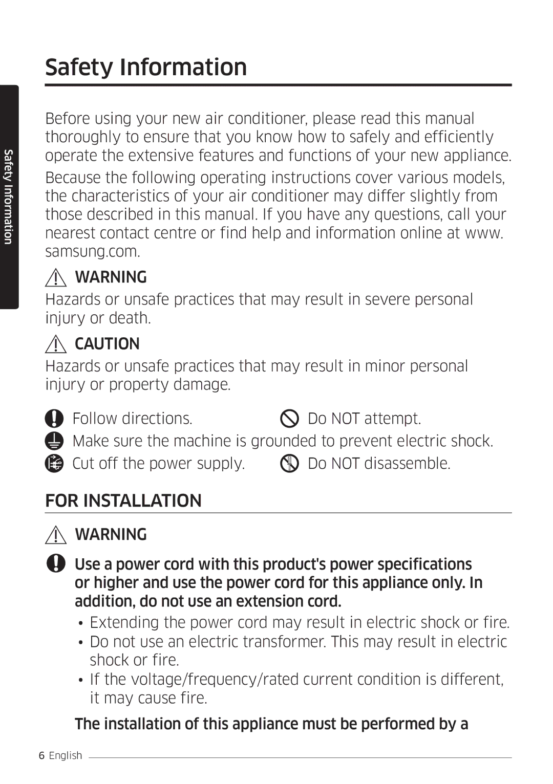 Samsung AR12MSFSPWKNEE, AR09MSFSPWKNEE manual Safety Information, For Installation 