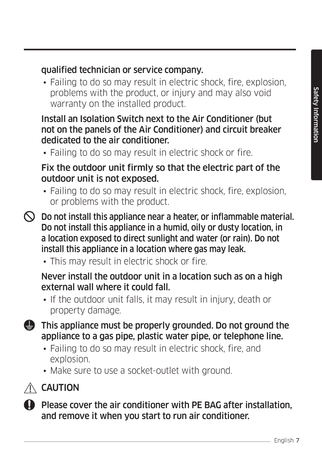 Samsung AR09MSFSPWKNEE, AR12MSFSPWKNEE manual Safety Information 