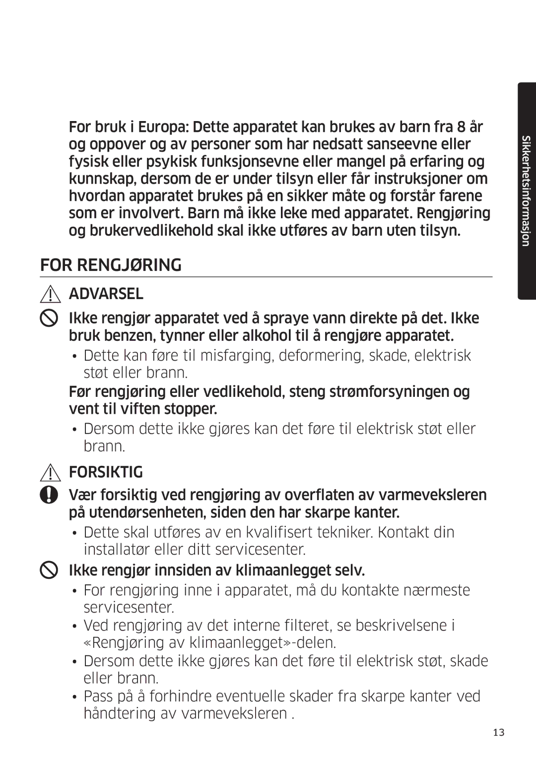 Samsung AR09MSFSPWKNEE, AR12MSFSPWKNEE manual For Rengjøring 