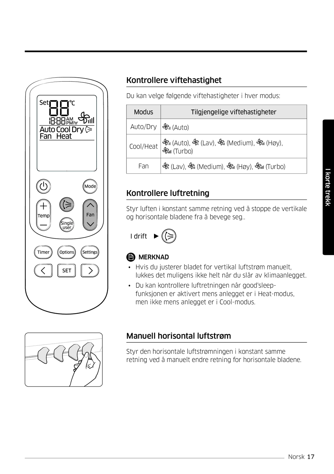 Samsung AR09MSFSPWKNEE, AR12MSFSPWKNEE Kontrollere viftehastighet, Kontrollere luftretning, Manuell horisontal luftstrøm 