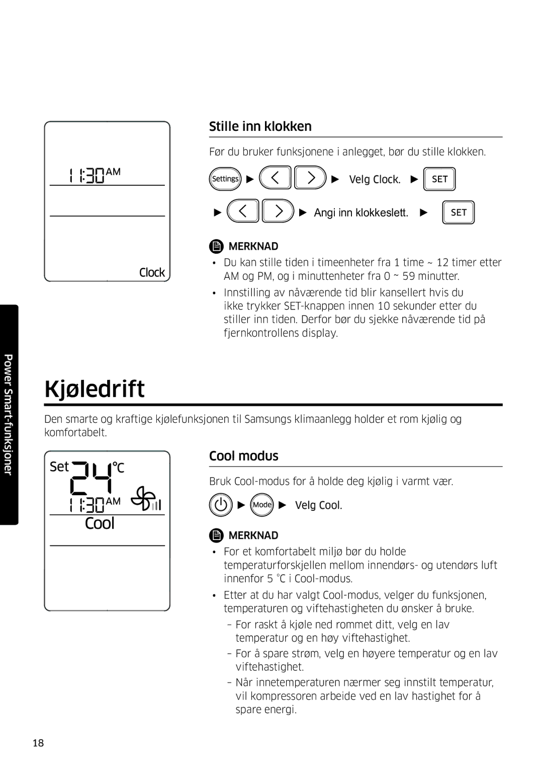 Samsung AR12MSFSPWKNEE, AR09MSFSPWKNEE manual Kjøledrift, Stille inn klokken, Cool modus 