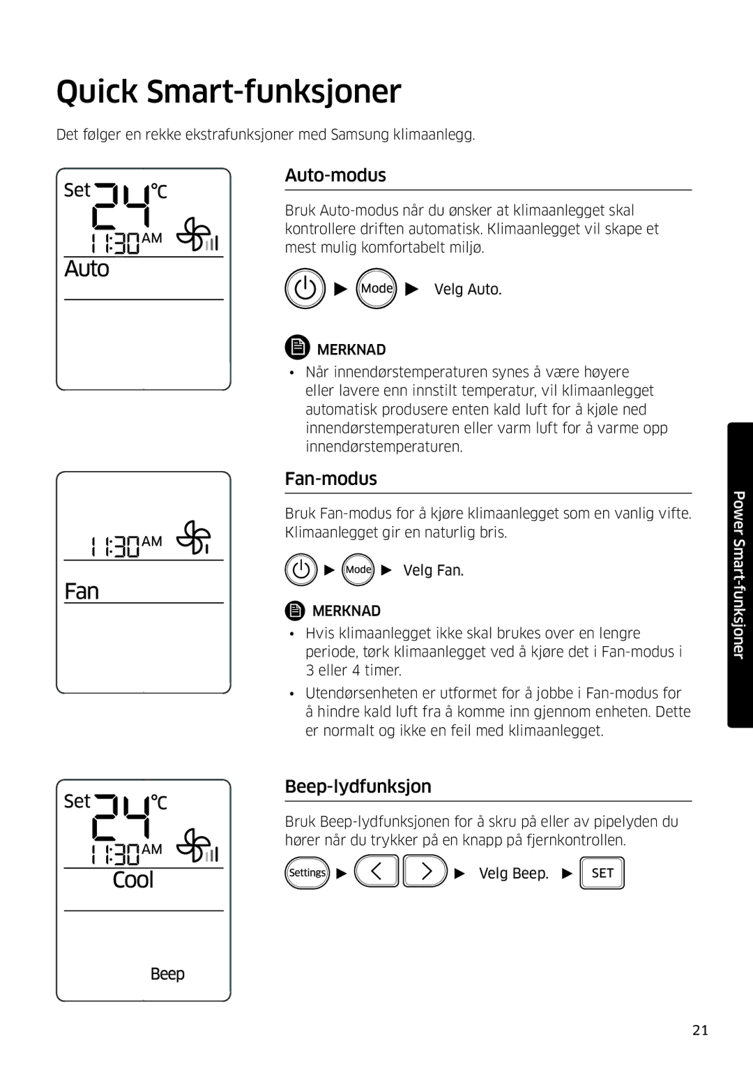 Samsung AR09MSFSPWKNEE, AR12MSFSPWKNEE manual Quick Smart-funksjoner, Auto-modus, Fan-modus, Beep-lydfunksjon 