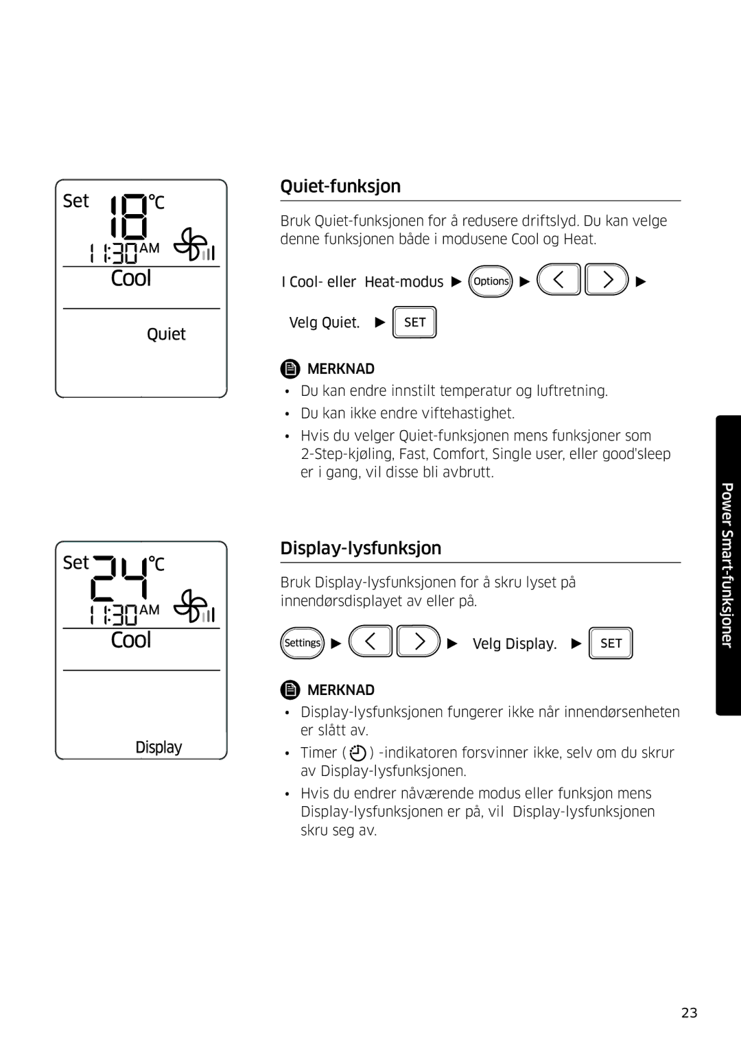 Samsung AR09MSFSPWKNEE, AR12MSFSPWKNEE manual Quiet-funksjon, Display-lysfunksjon 