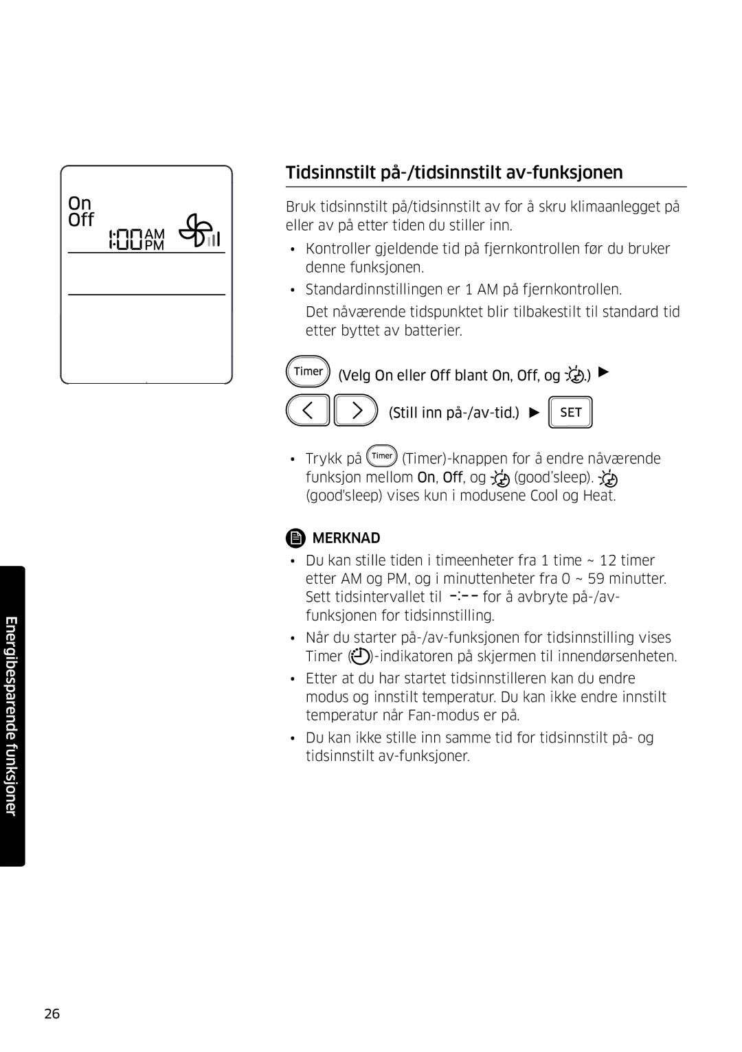 Samsung AR12MSFSPWKNEE, AR09MSFSPWKNEE manual Tidsinnstilt på-/tidsinnstilt av-funksjonen 