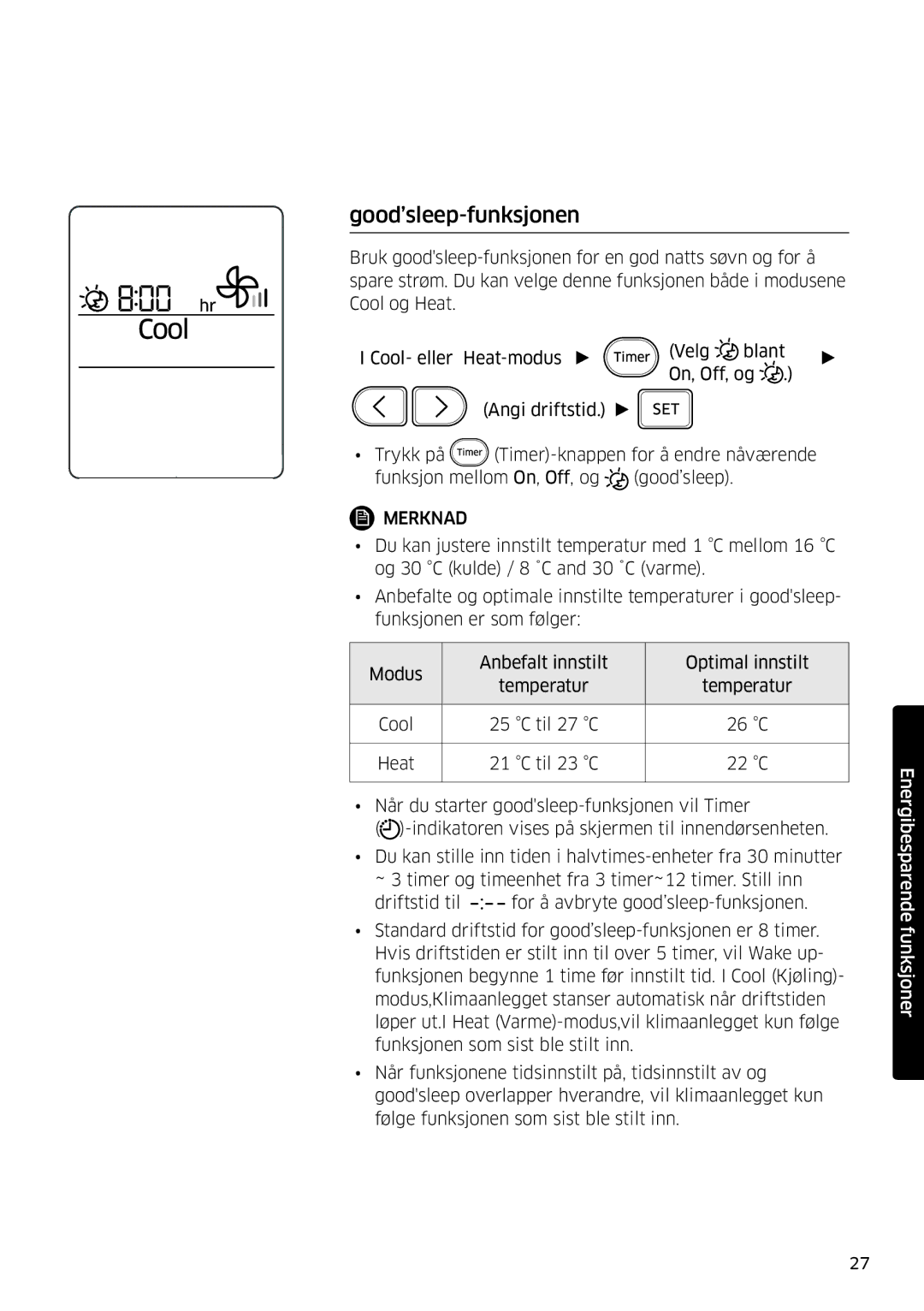 Samsung AR09MSFSPWKNEE, AR12MSFSPWKNEE manual Good’sleep-funksjonen 