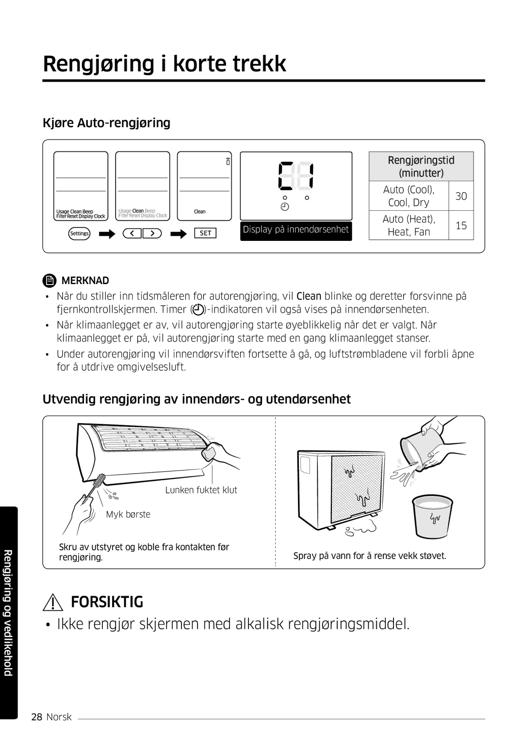 Samsung AR12MSFSPWKNEE Rengjøring i korte trekk, Kjøre Auto-rengjøring, Utvendig rengjøring av innendørs- og utendørsenhet 