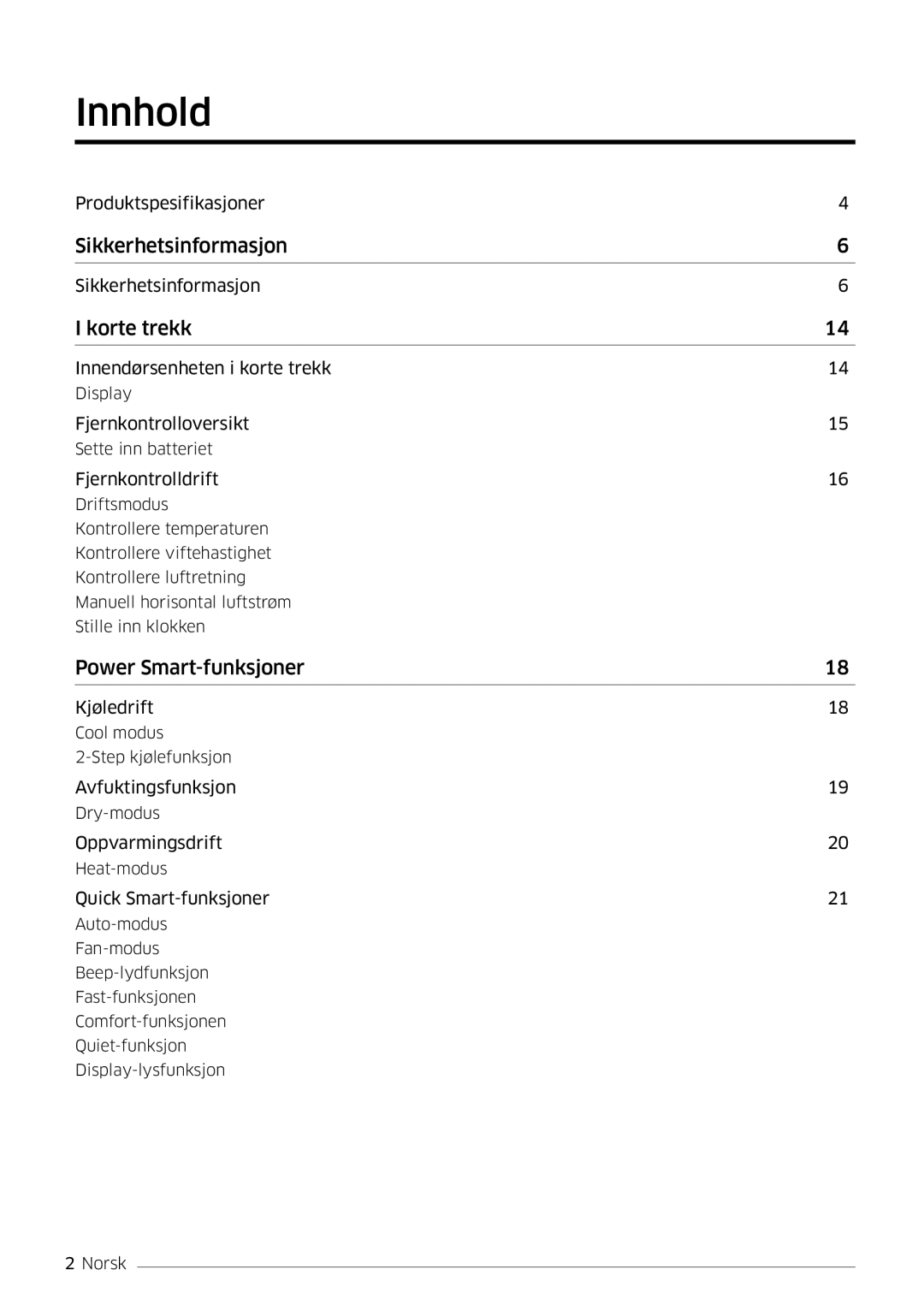 Samsung AR12MSFSPWKNEE, AR09MSFSPWKNEE manual Innhold, Korte trekk 