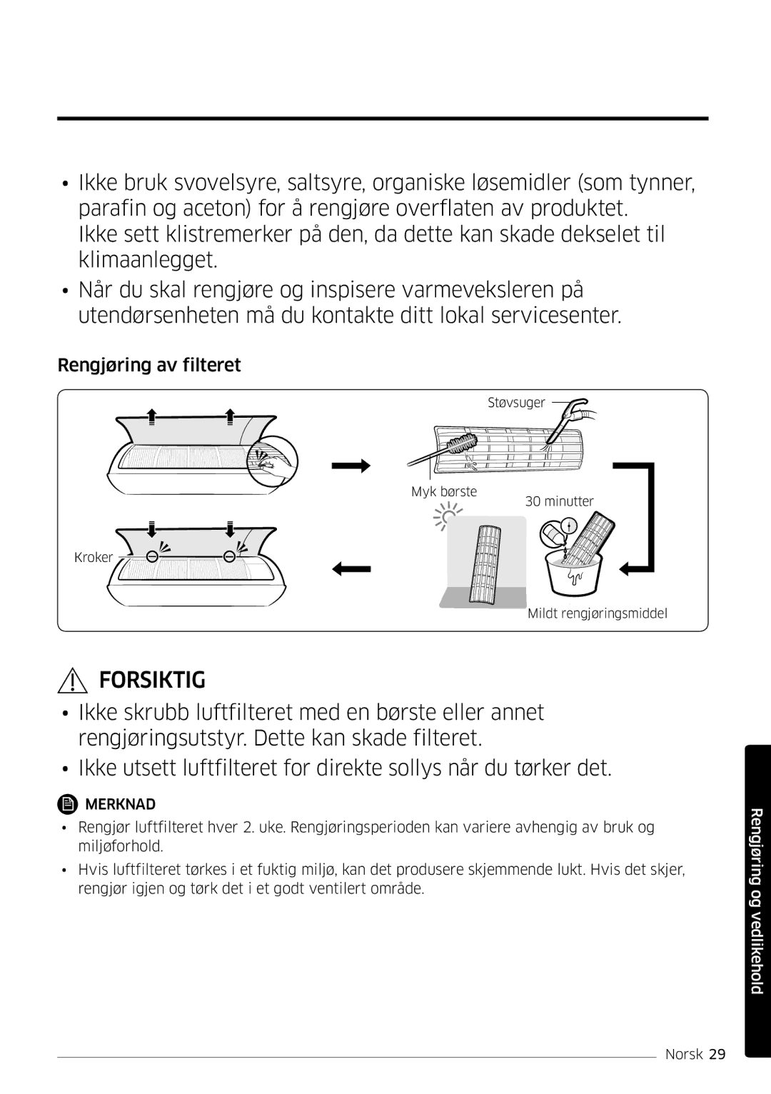 Samsung AR09MSFSPWKNEE, AR12MSFSPWKNEE manual Rengjøring av filteret 