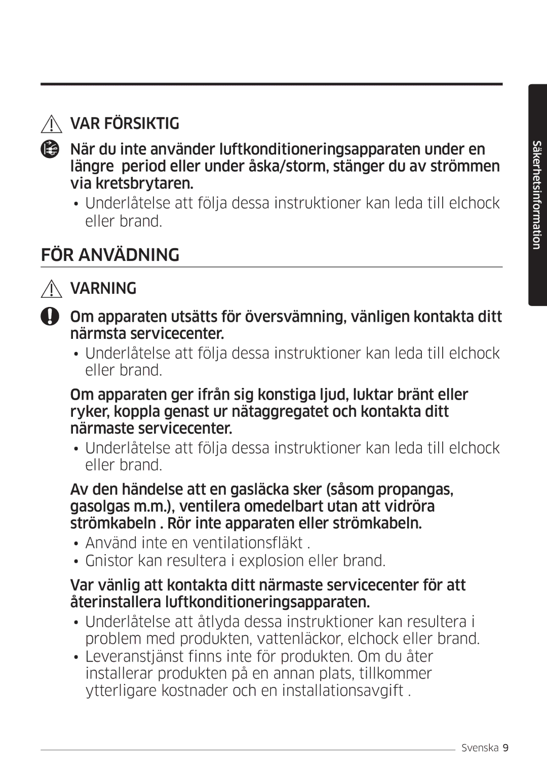 Samsung AR09MSFSPWKNEE, AR12MSFSPWKNEE manual FÖR Anvädning 