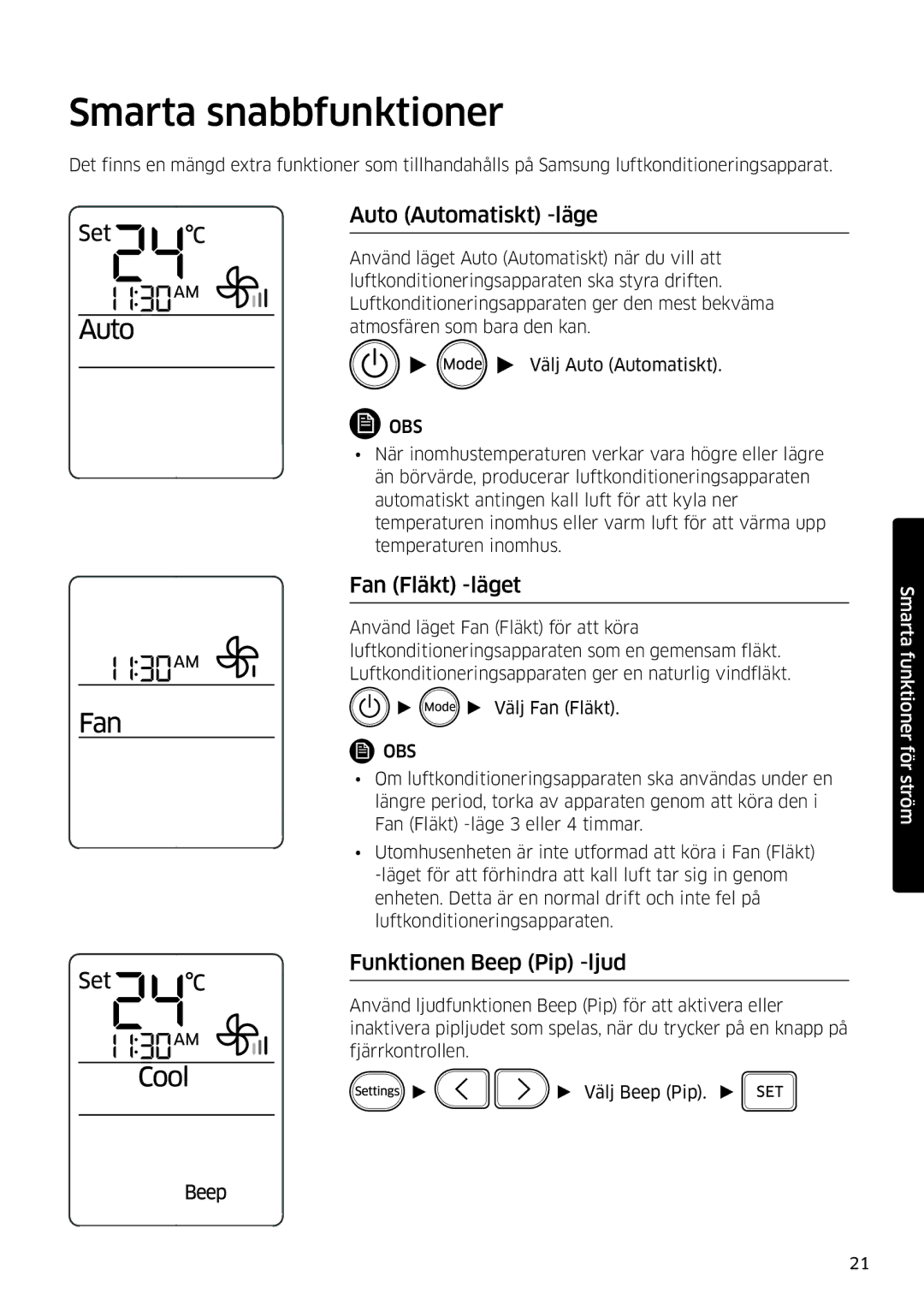 Samsung AR09MSFSPWKNEE manual Smarta snabbfunktioner, Auto Automatiskt -läge, Fan Fläkt -läget, Funktionen Beep Pip -ljud 