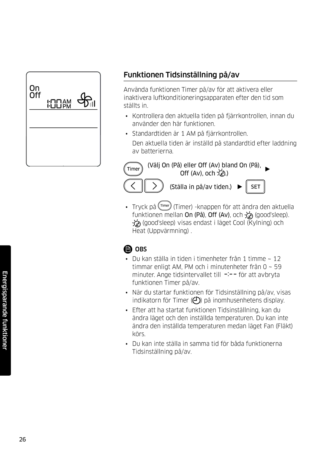 Samsung AR12MSFSPWKNEE, AR09MSFSPWKNEE manual Funktionen Tidsinställning på/av 