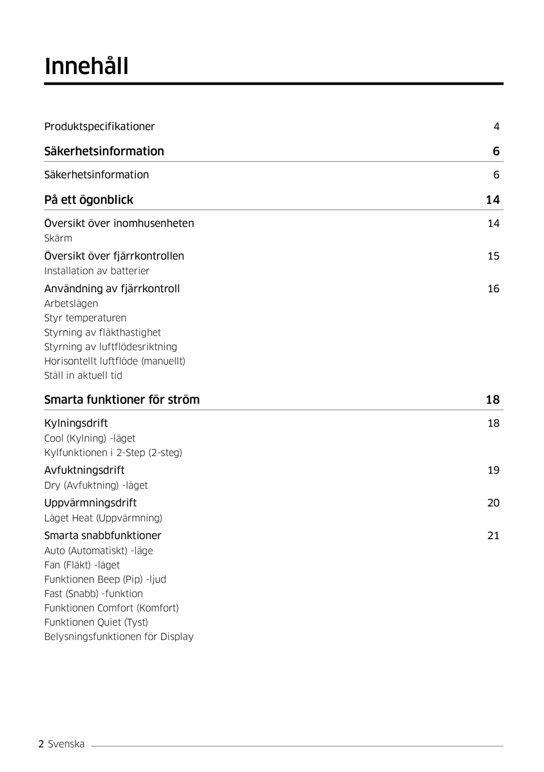 Samsung AR12MSFSPWKNEE, AR09MSFSPWKNEE manual Innehåll, På ett ögonblick 