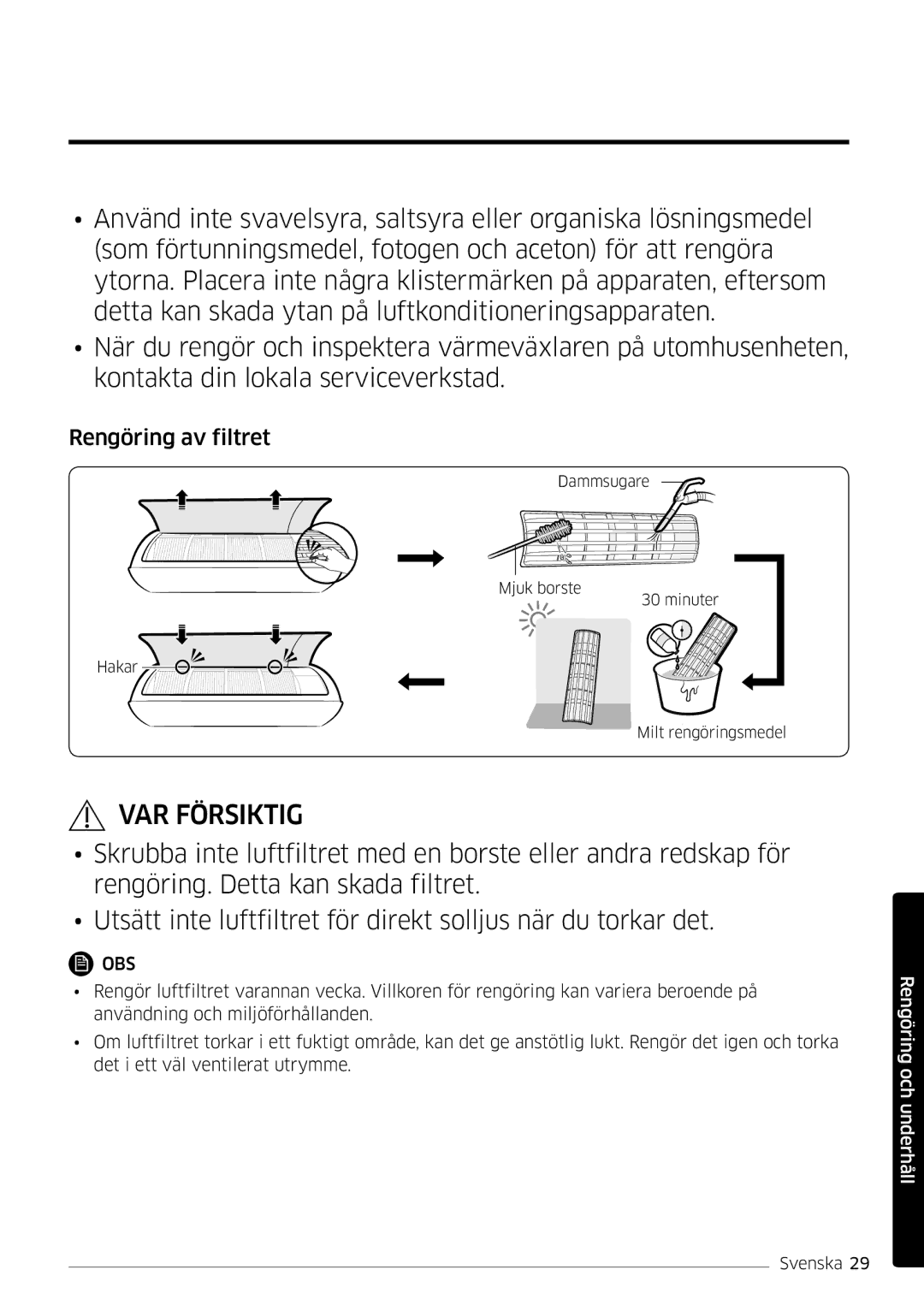 Samsung AR09MSFSPWKNEE, AR12MSFSPWKNEE manual Rengöring av filtret 