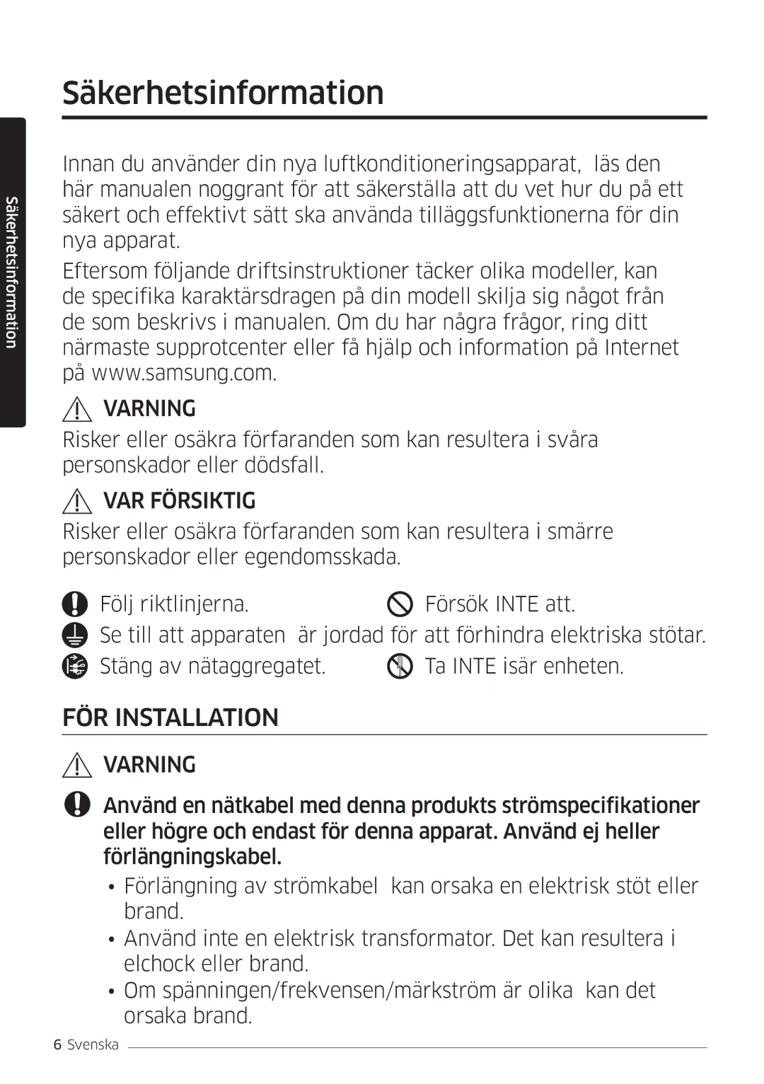 Samsung AR12MSFSPWKNEE, AR09MSFSPWKNEE manual Säkerhetsinformation, VAR Försiktig 