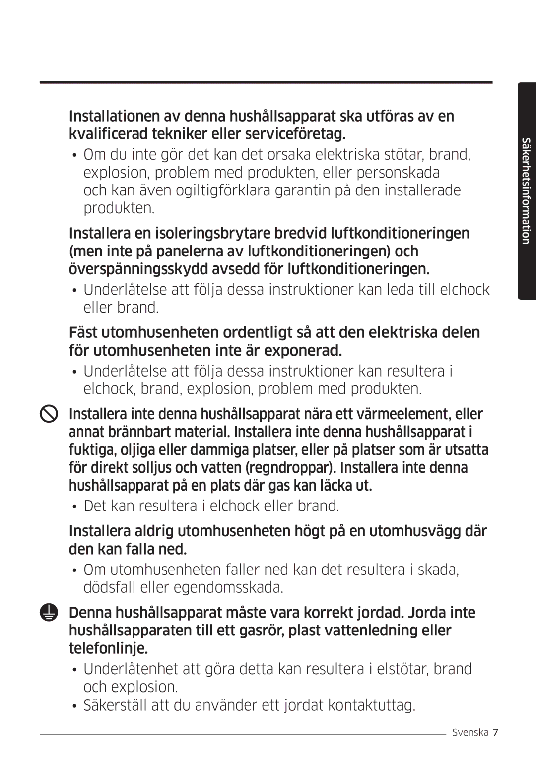 Samsung AR09MSFSPWKNEE, AR12MSFSPWKNEE manual Säkerhetsinformation 