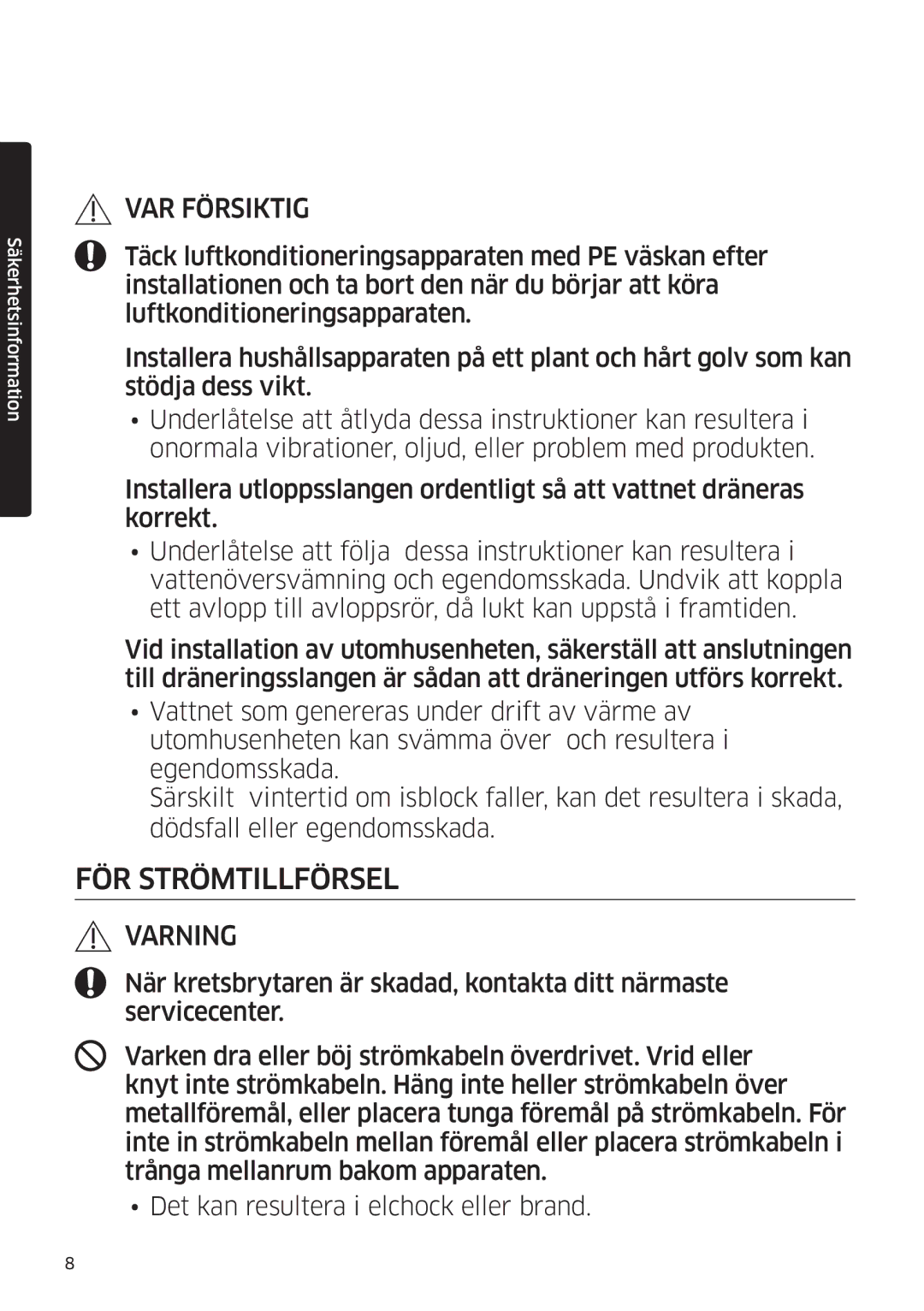 Samsung AR12MSFSPWKNEE, AR09MSFSPWKNEE manual FÖR Strömtillförsel 