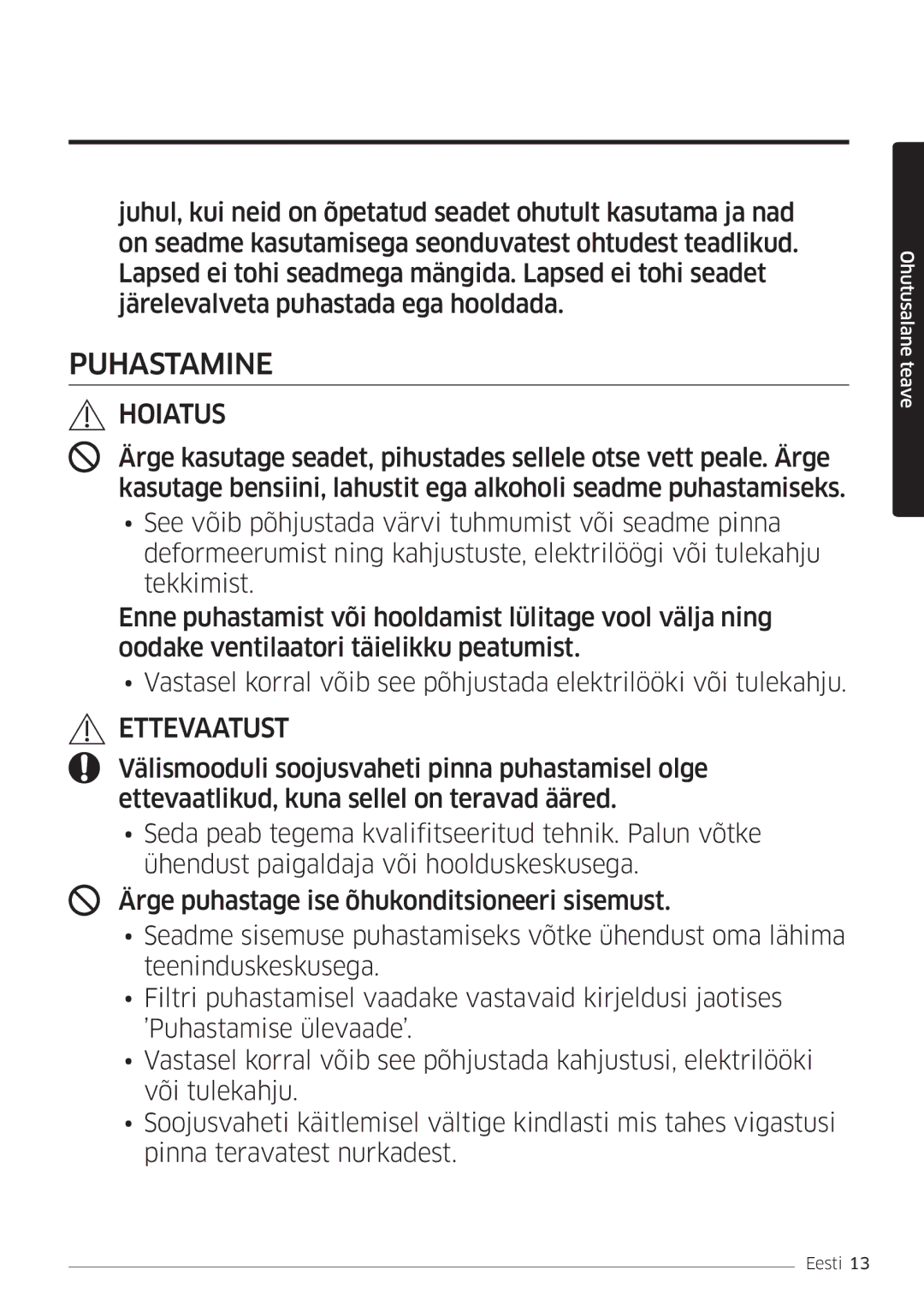 Samsung AR09MSFSPWKNEE, AR12MSFSPWKNEE manual Puhastamine 