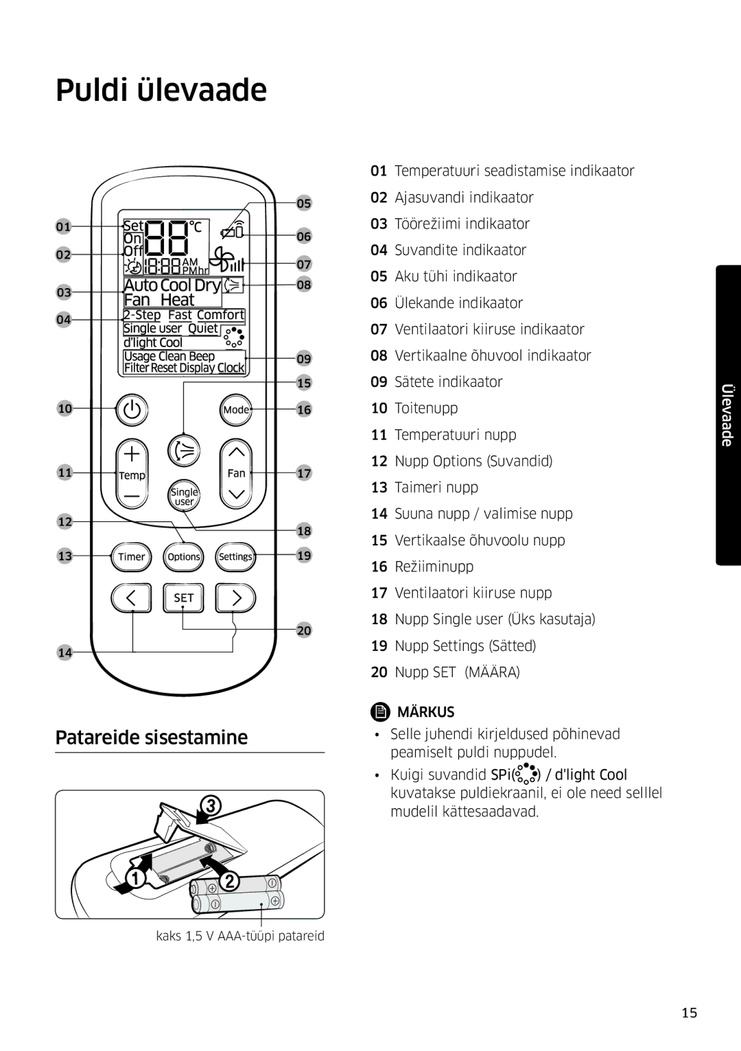 Samsung AR09MSFSPWKNEE, AR12MSFSPWKNEE manual Puldi ülevaade, Patareide sisestamine 