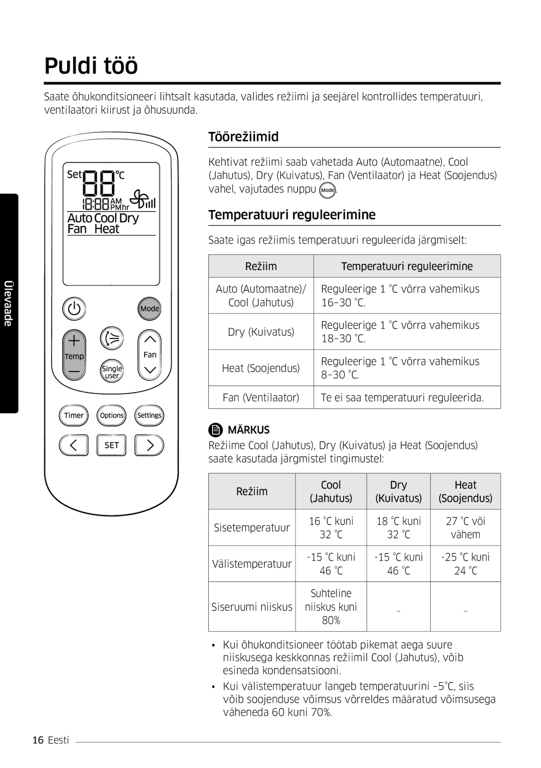 Samsung AR12MSFSPWKNEE, AR09MSFSPWKNEE manual Puldi töö, Töörežiimid, Temperatuuri reguleerimine 