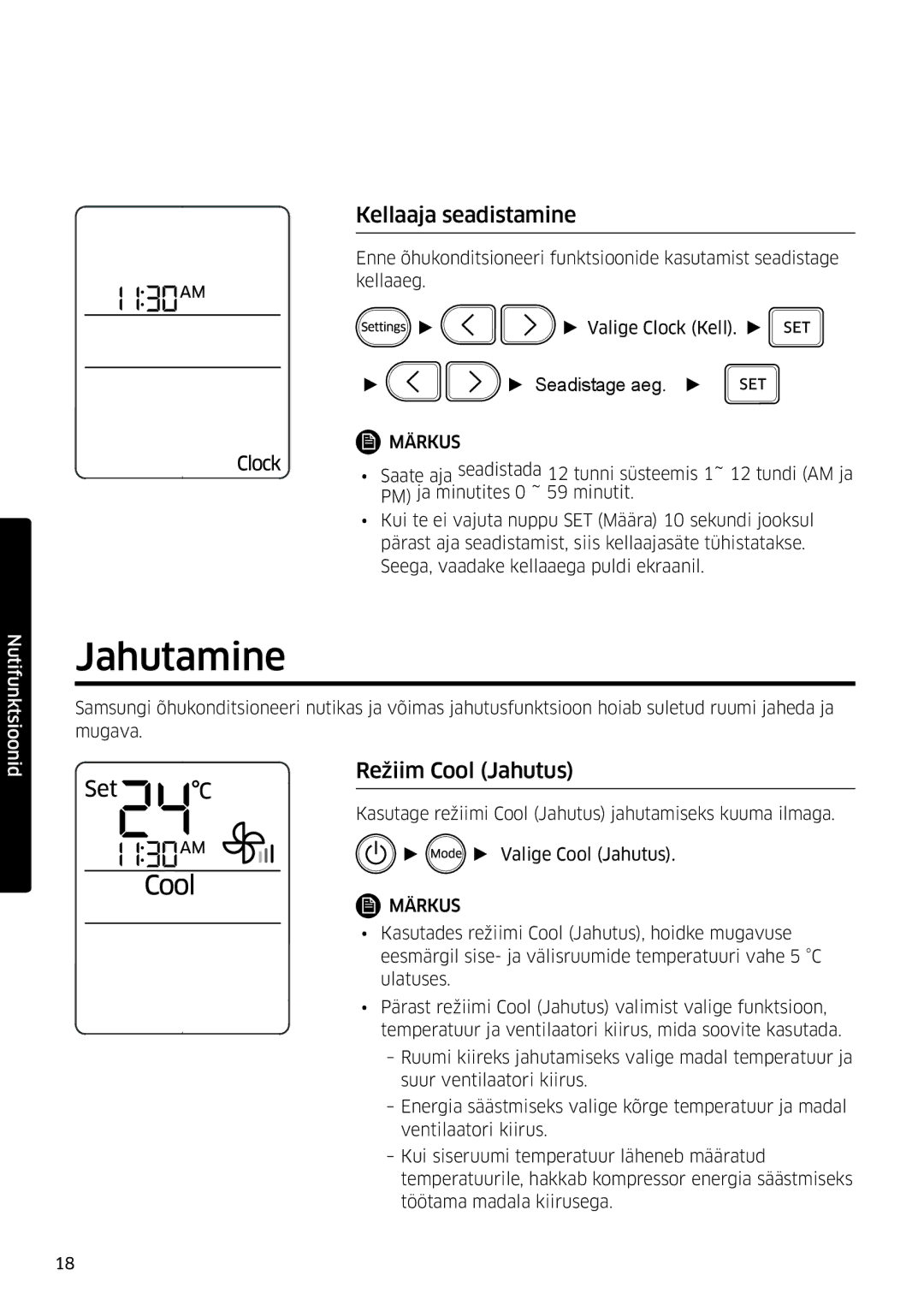 Samsung AR12MSFSPWKNEE, AR09MSFSPWKNEE manual Jahutamine, Kellaaja seadistamine, Režiim Cool Jahutus 