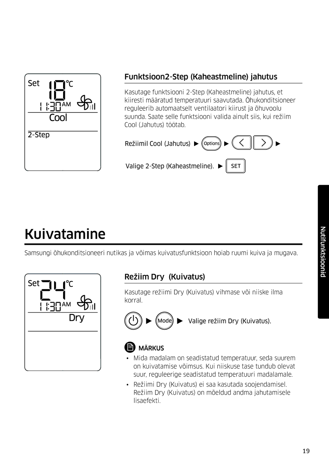 Samsung AR09MSFSPWKNEE, AR12MSFSPWKNEE manual Kuivatamine, Funktsioon2-Step Kaheastmeline jahutus, Režiim Dry Kuivatus 